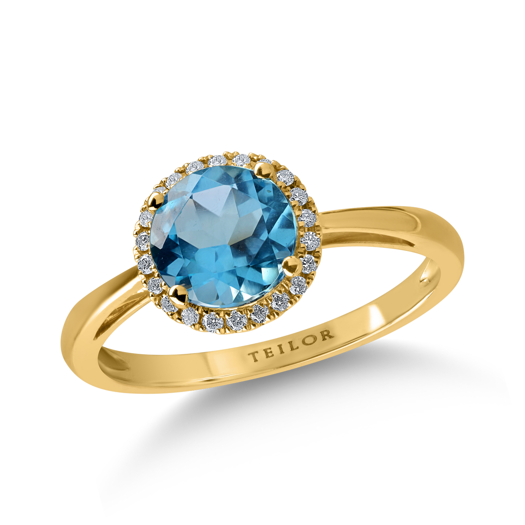 Sárga arany gyűrű 1.7ct kék topázzal és 0.1ct gyémántokkal