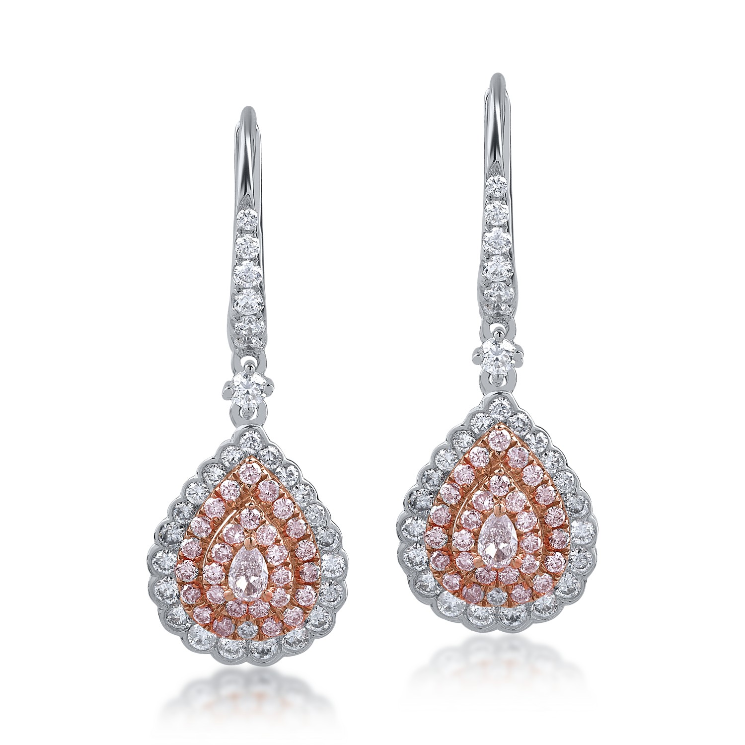White-rose gold earrings with 0.74ct clear diamonds and 0.56ct rose diamonds