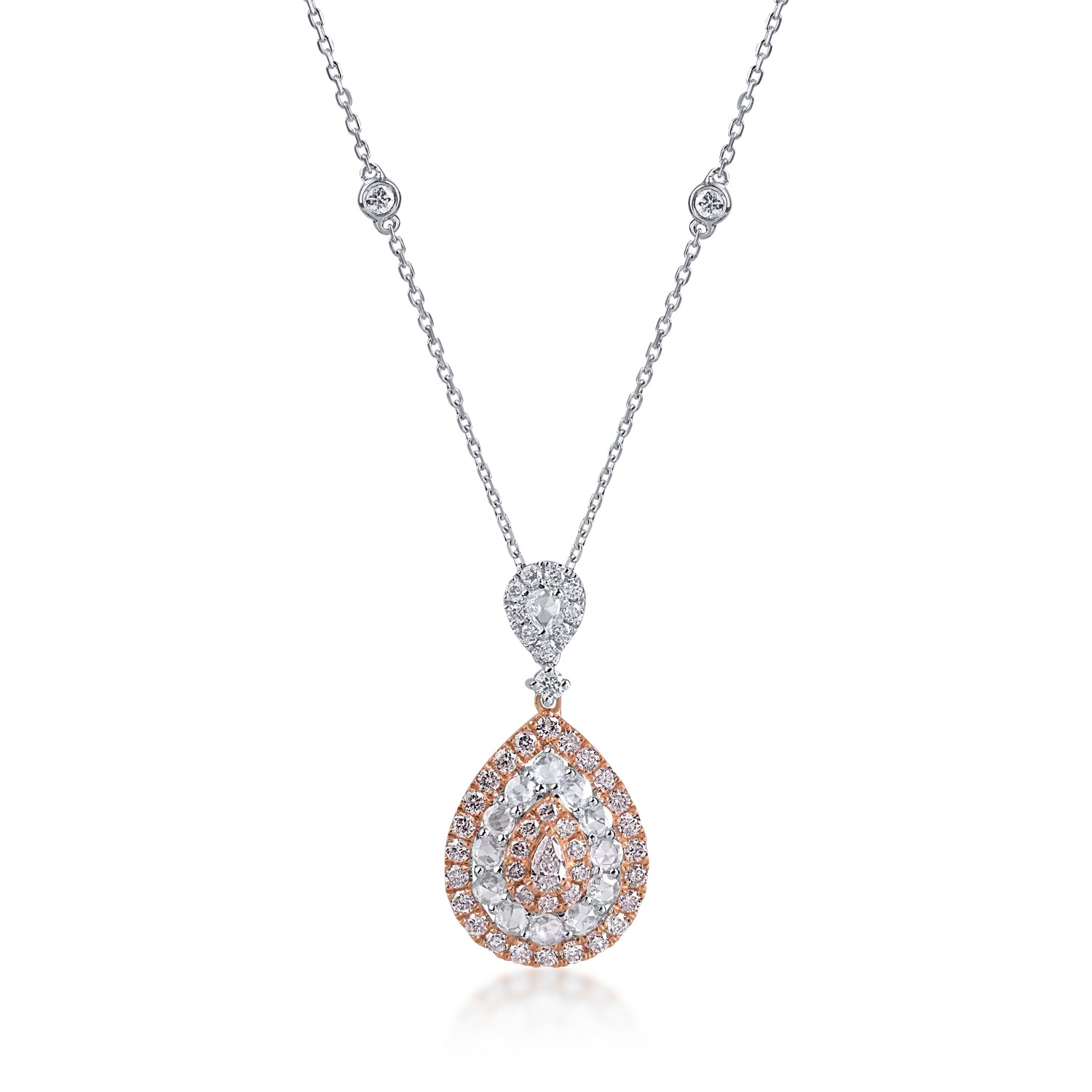 Fehér rózsa arany medál nyaklánc 0.66ct rózsaszín gyémántokkal és 0.5ct tiszta gyémántokkal