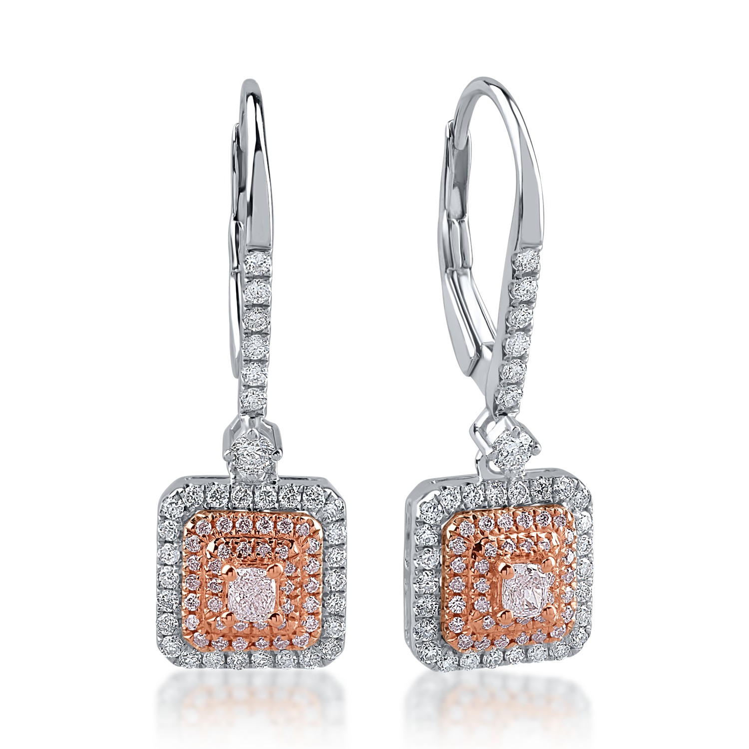 White-rose gold earrings with 0.42ct clear diamonds and 0.32ct rose diamonds