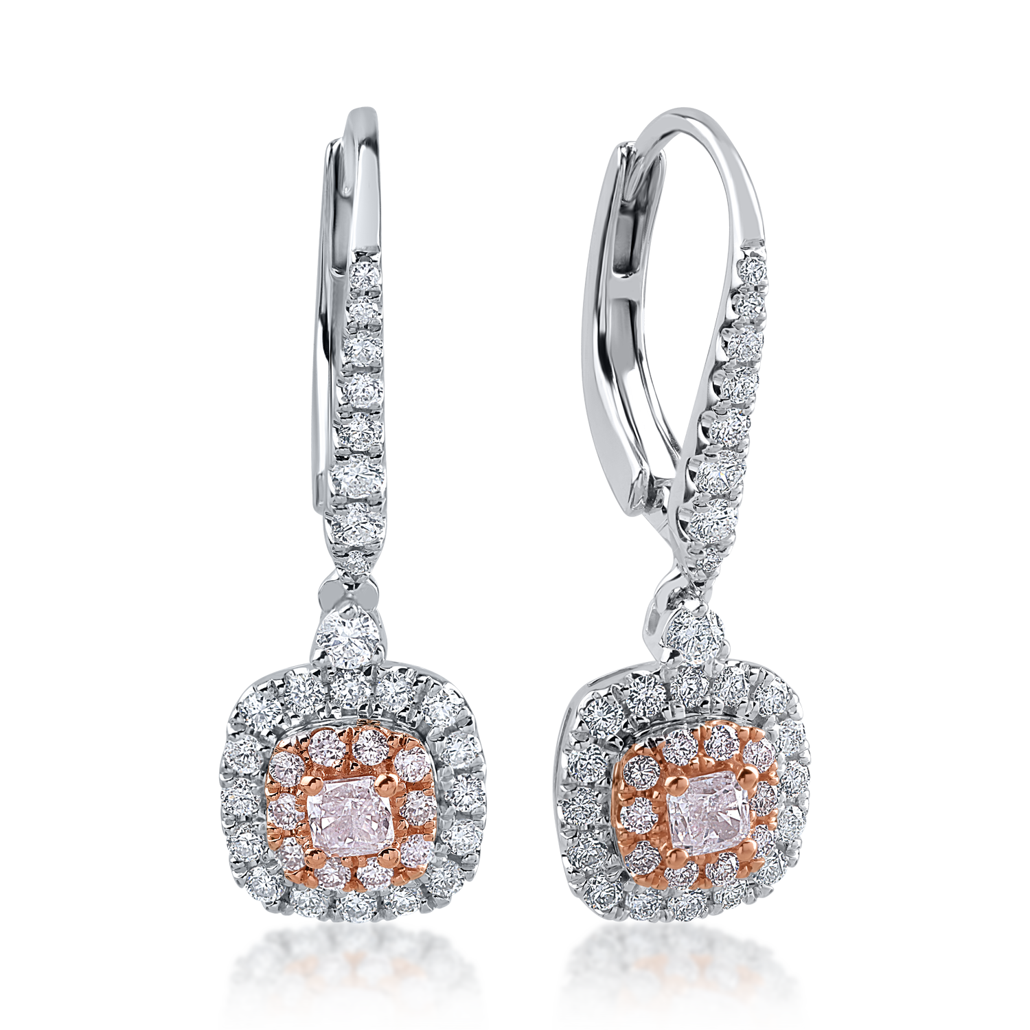 White-rose gold earrings with 0.55ct clear diamonds and 0.36ct rose diamonds