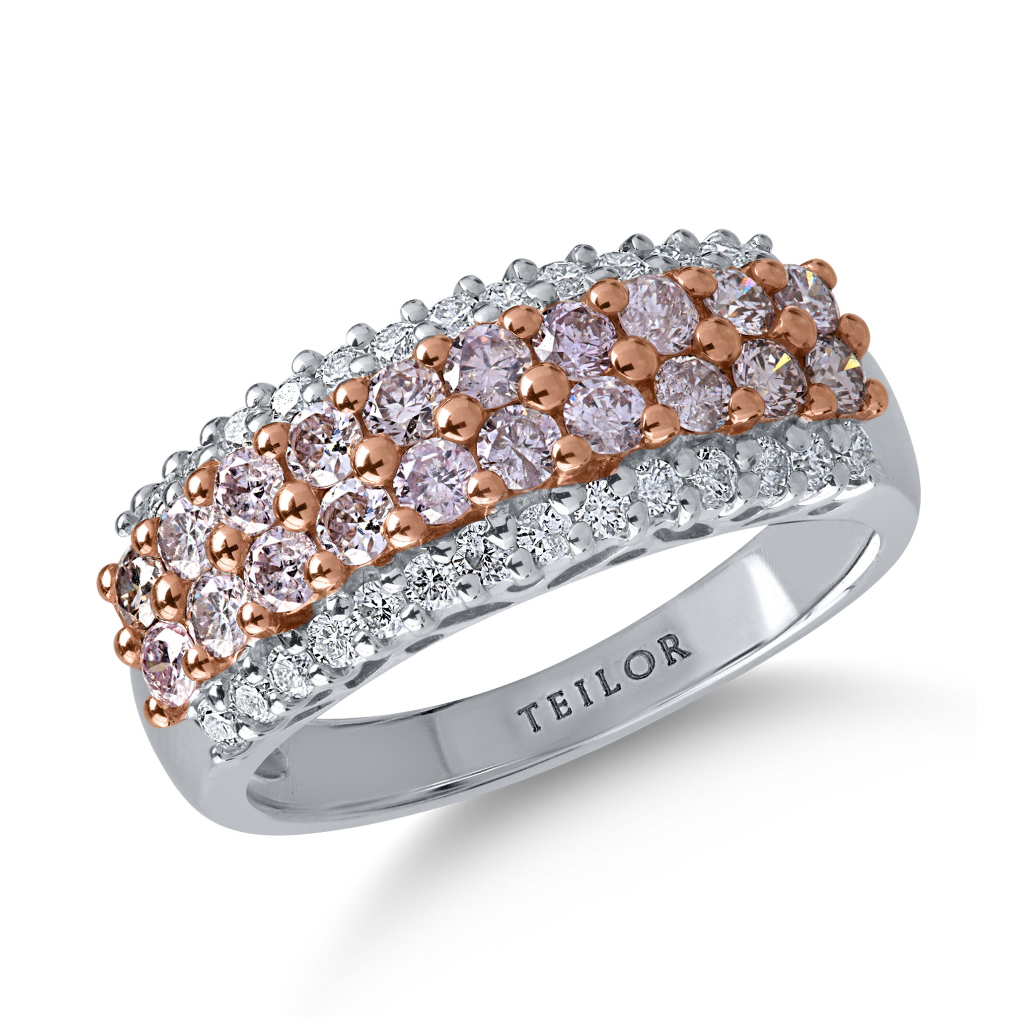 Pierścionek z białego różowego złota z różowymi diamentami o masie 0.68ct i bezbarwnymi diamentami o masie 0.23ct