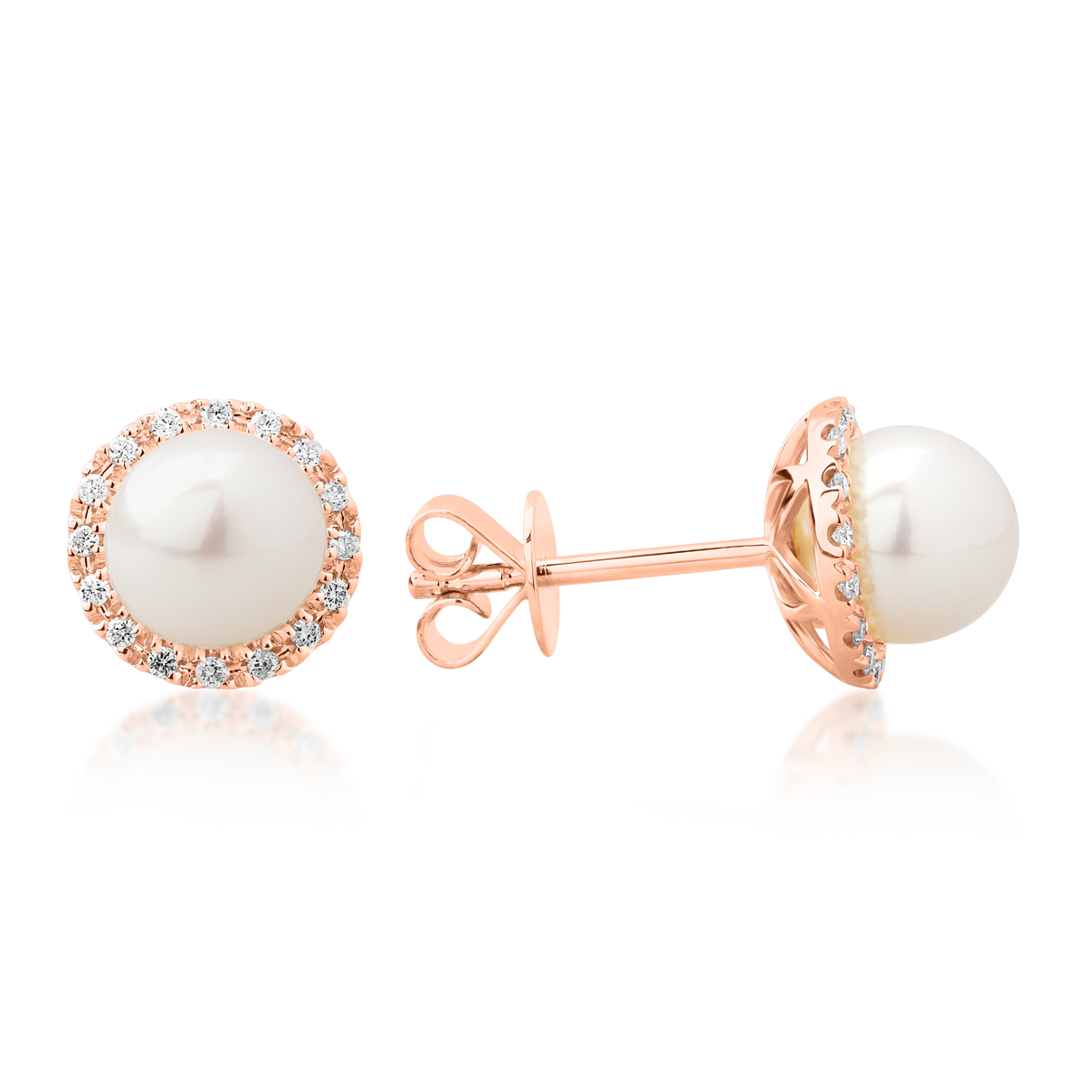 Rose gold earrings with 0.093ct diamonds and fresh water pearls