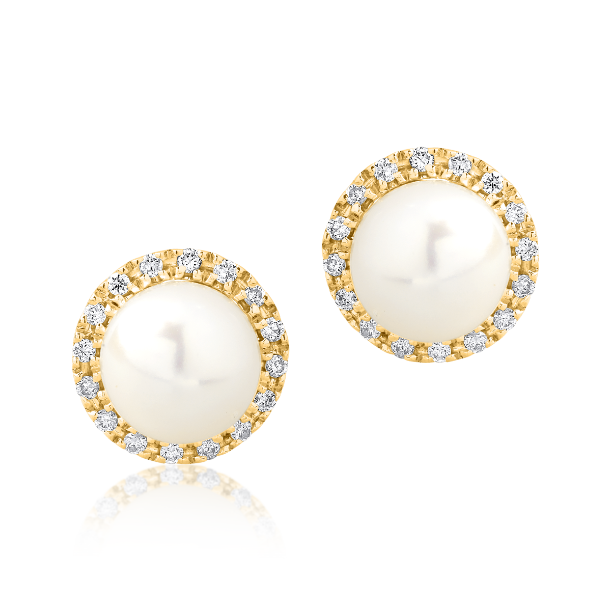 Yellow gold earrings with 0.093ct diamonds and fresh water pearls