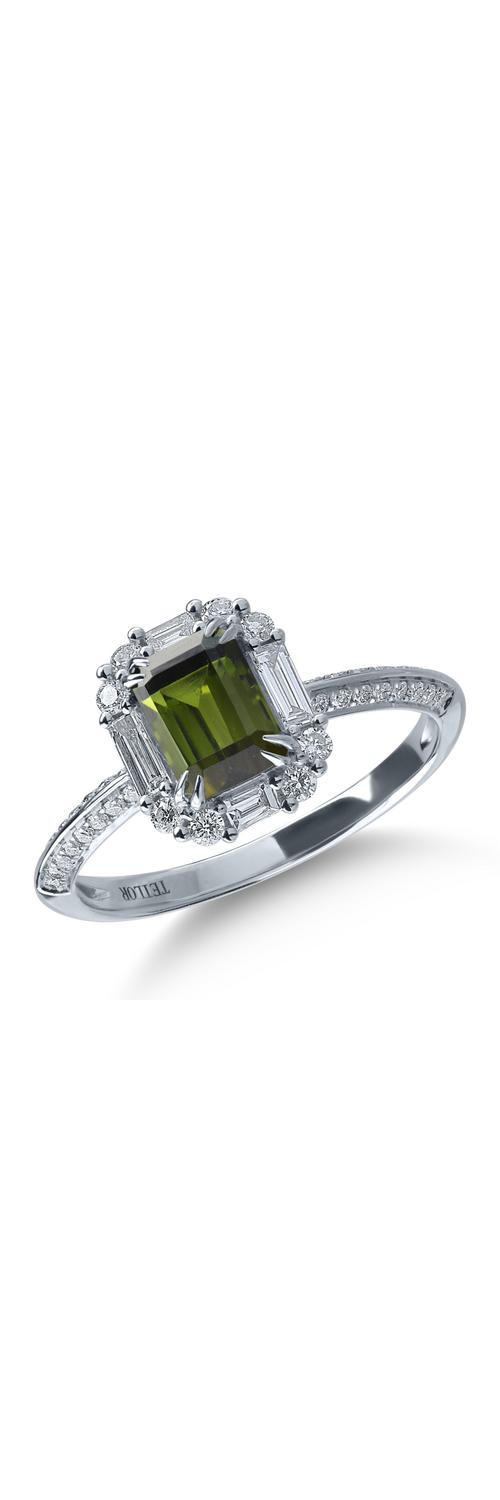 Inel din aur alb cu turmalina verde de 1.12ct si diamante de 0.49ct