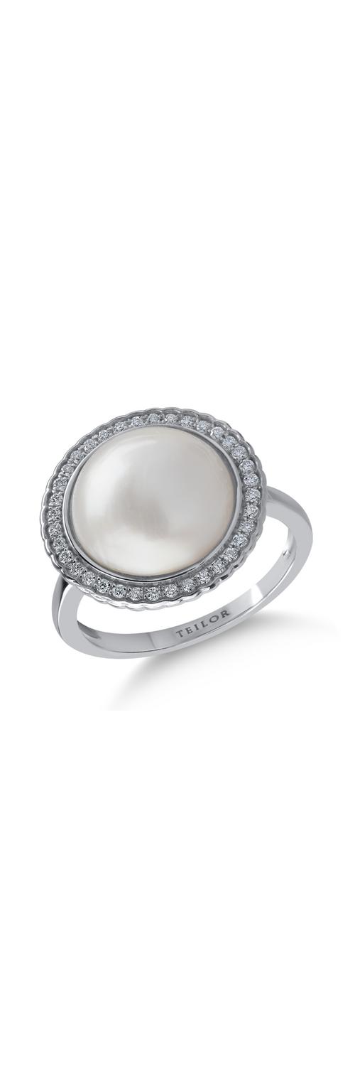 Inel din aur alb cu perla de cultura de 4.40ct si diamante de 0.168ct