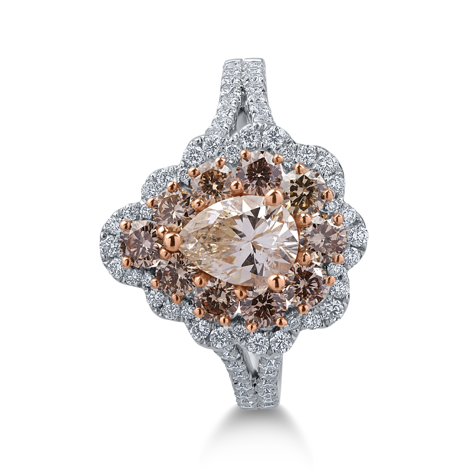 Fehér rózsa arany gyűrű 1.72ct barna gyémántokkal és 0.41ct tiszta gyémántokkal