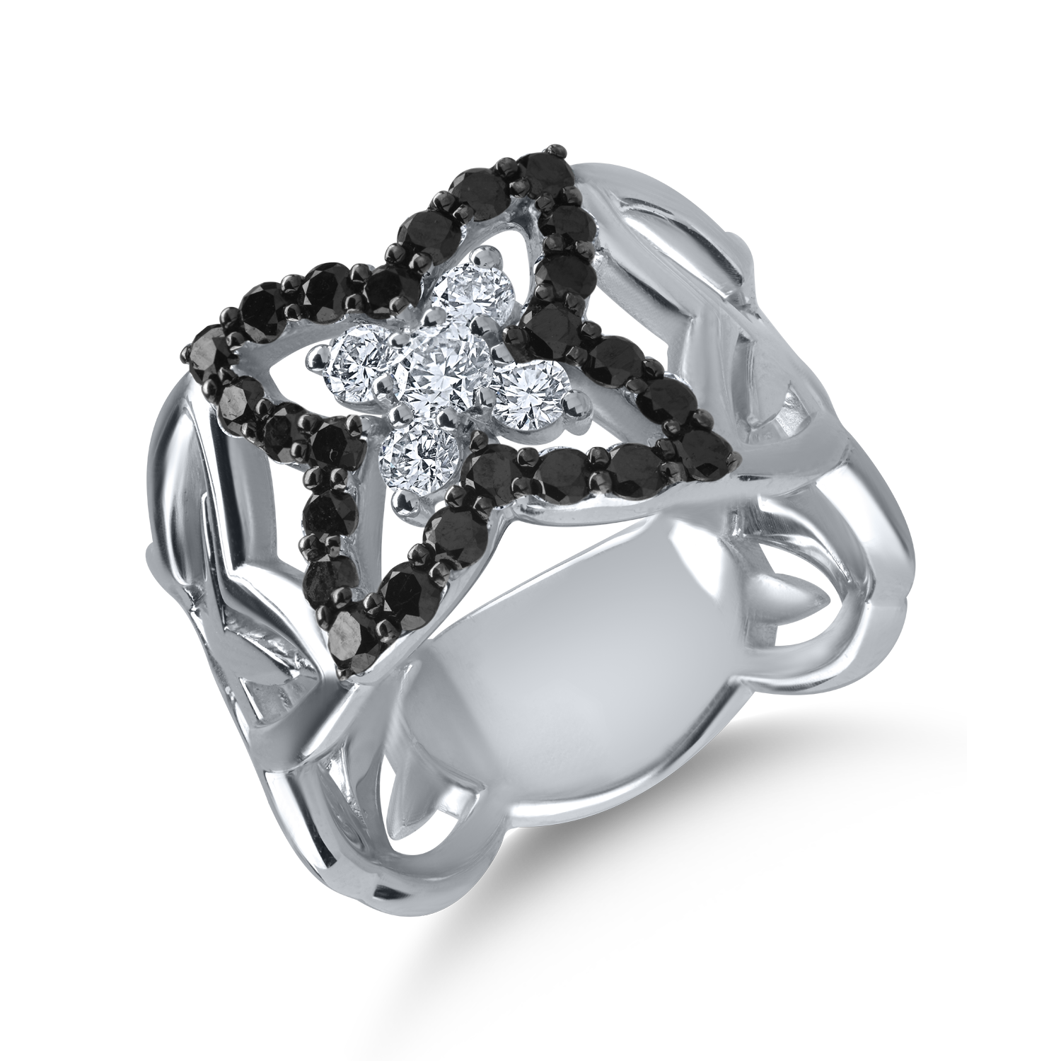 Inel din aur alb-negru cu diamante transparente de 0.33ct si diamante negre de 0.78ct