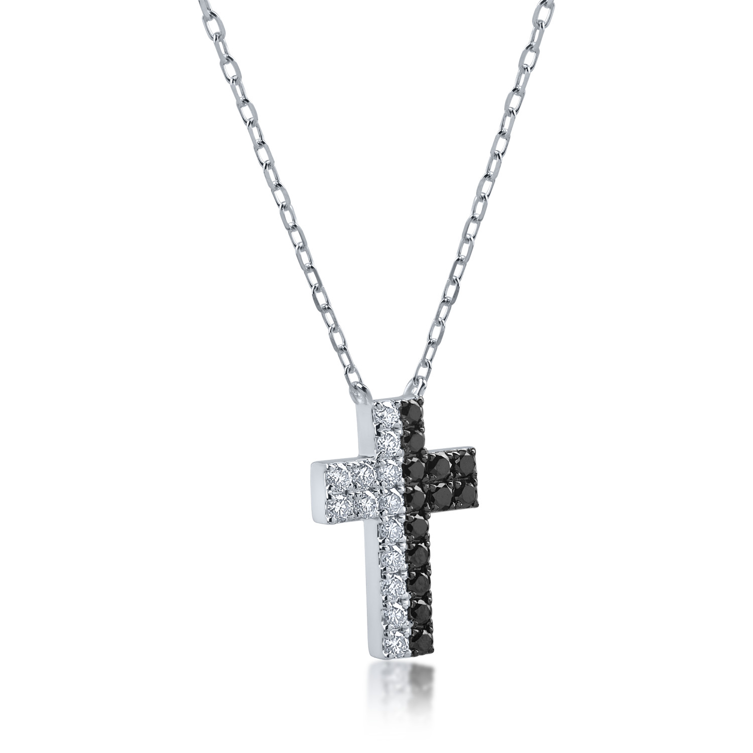 White gold cross pendant necklace with 0.25 black diamonds and 0.22ct clear diamonds