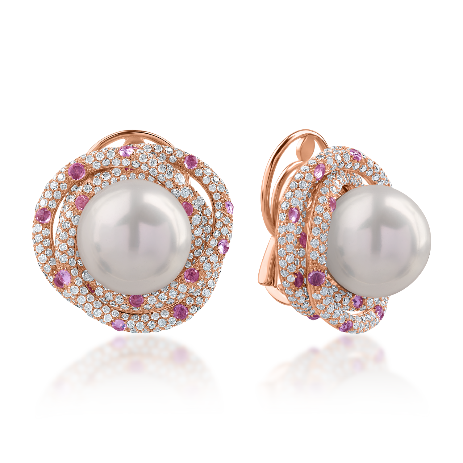 Rose gold earrings with 46.6ct fresh water pearls and 6.34ct precious stones