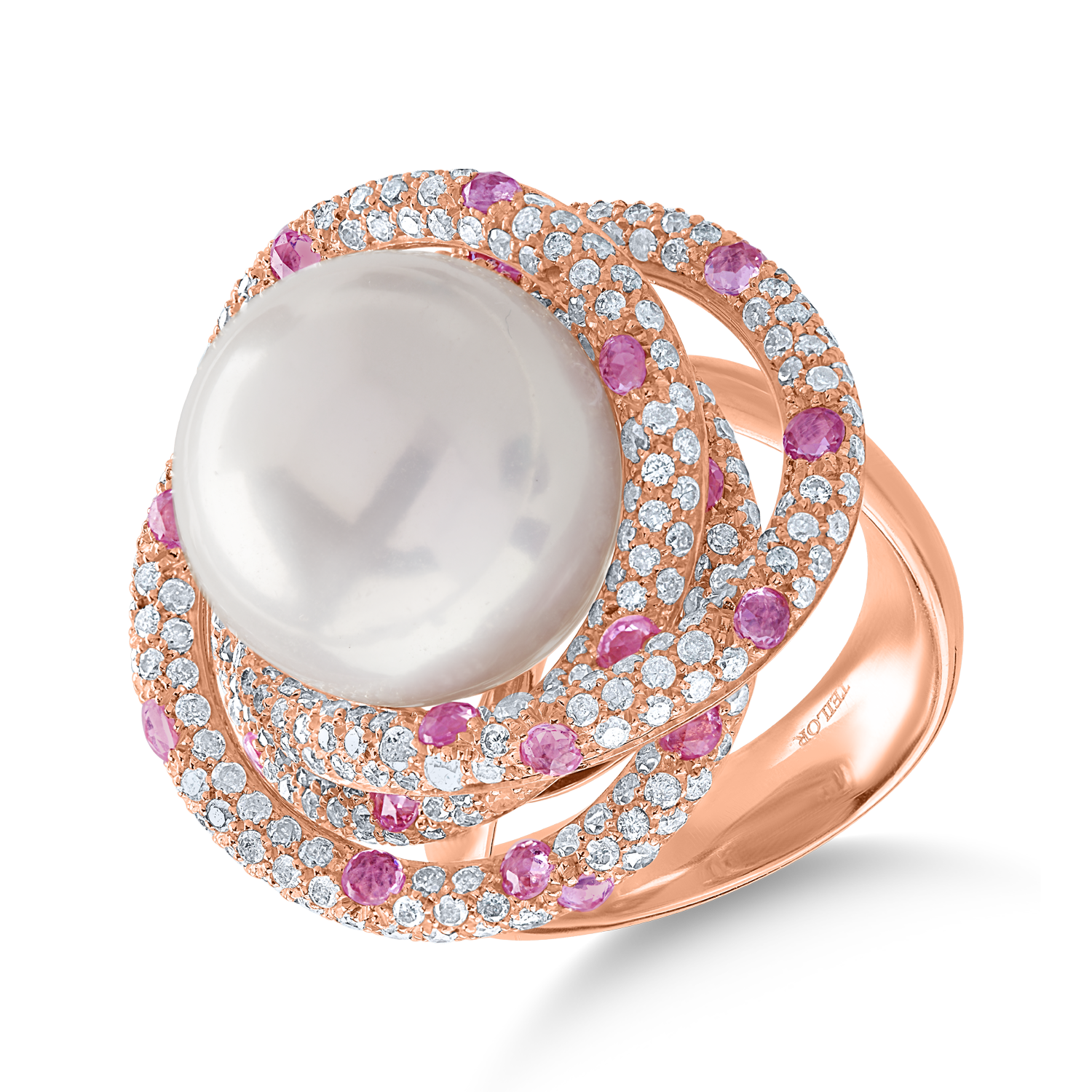 Rose gold ring with 23.3ct fresh water pearl and 3.15ct precious stones