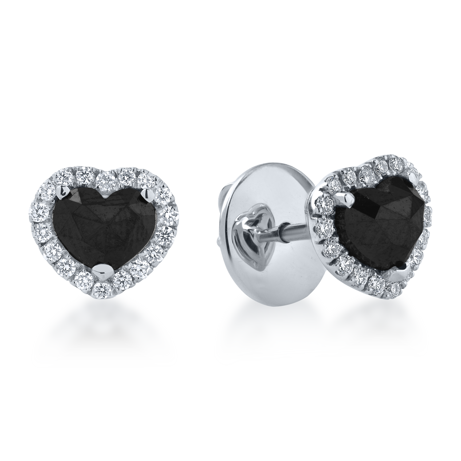 White gold heart earrings with 1.42ct black diamonds and 0.22ct clear diamonds