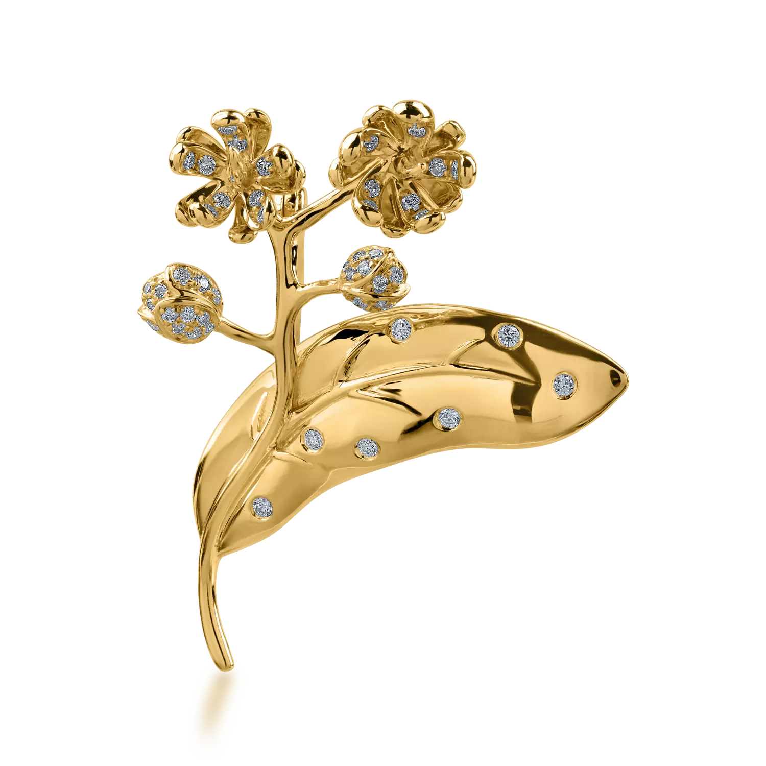Brosa floare din aur galben cu diamante de 0.23ct