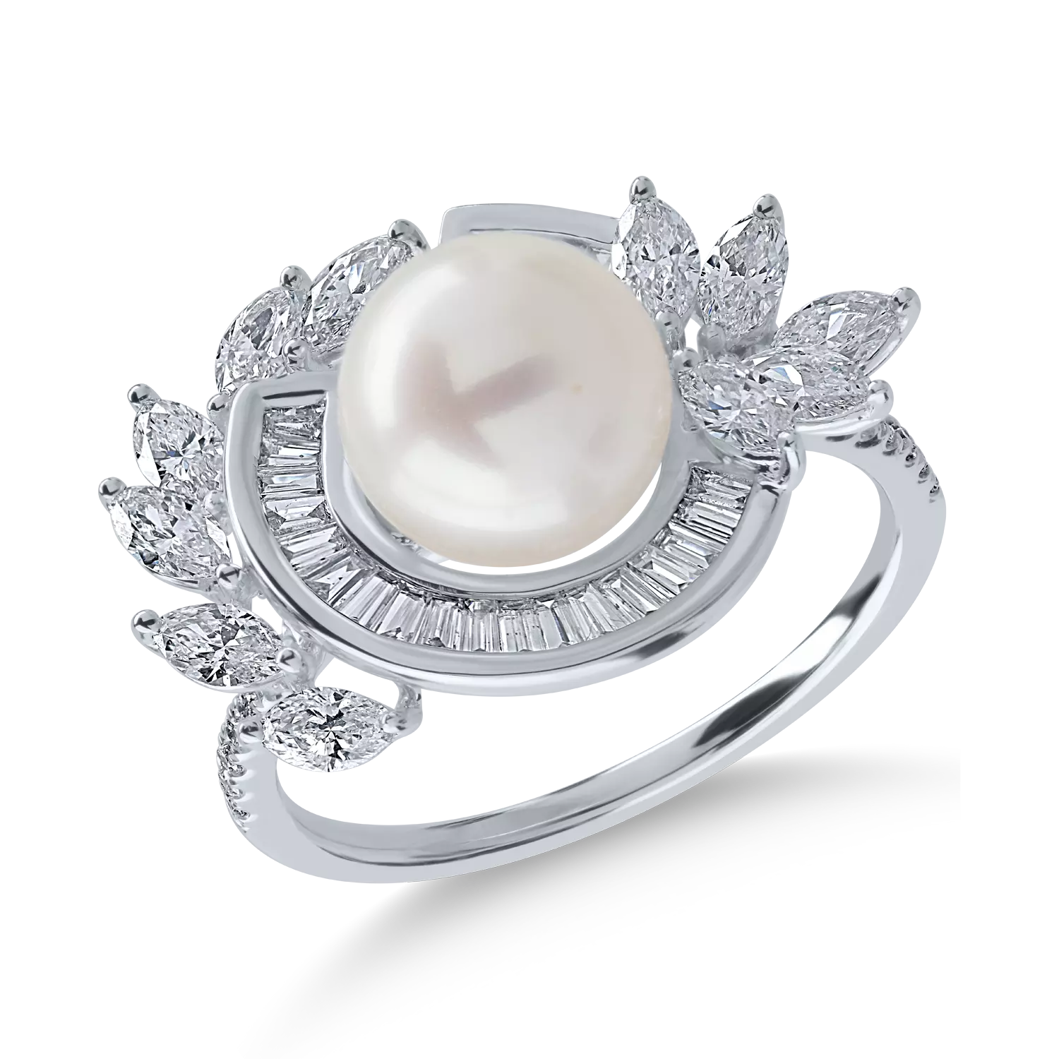 Fehér arany gyűrű 3.73ct édesvízi gyöngyökkel és 0.98ct gyémántokkal