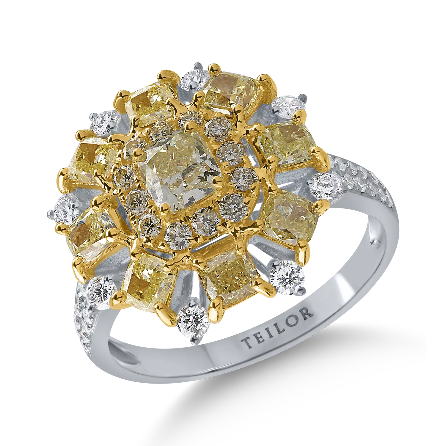Inel din aur alb-galben cu diamante galbene de 2.21ct si diamante transparente de 0.39ct
