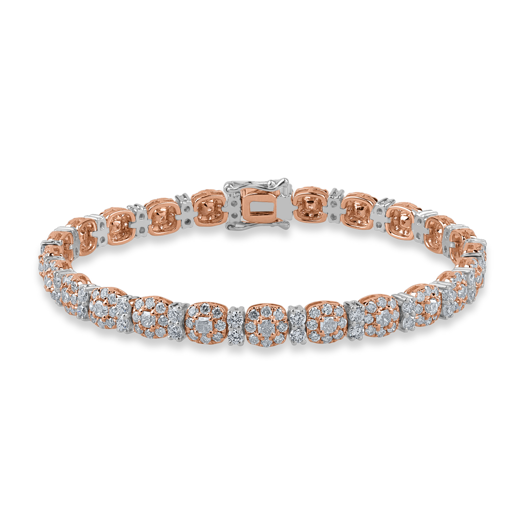Bransoletka tenisowa z białego różowego złota z różowymi diamentami o masie 3.57ct i przezroczystymi diamentami o masie 1.66ct