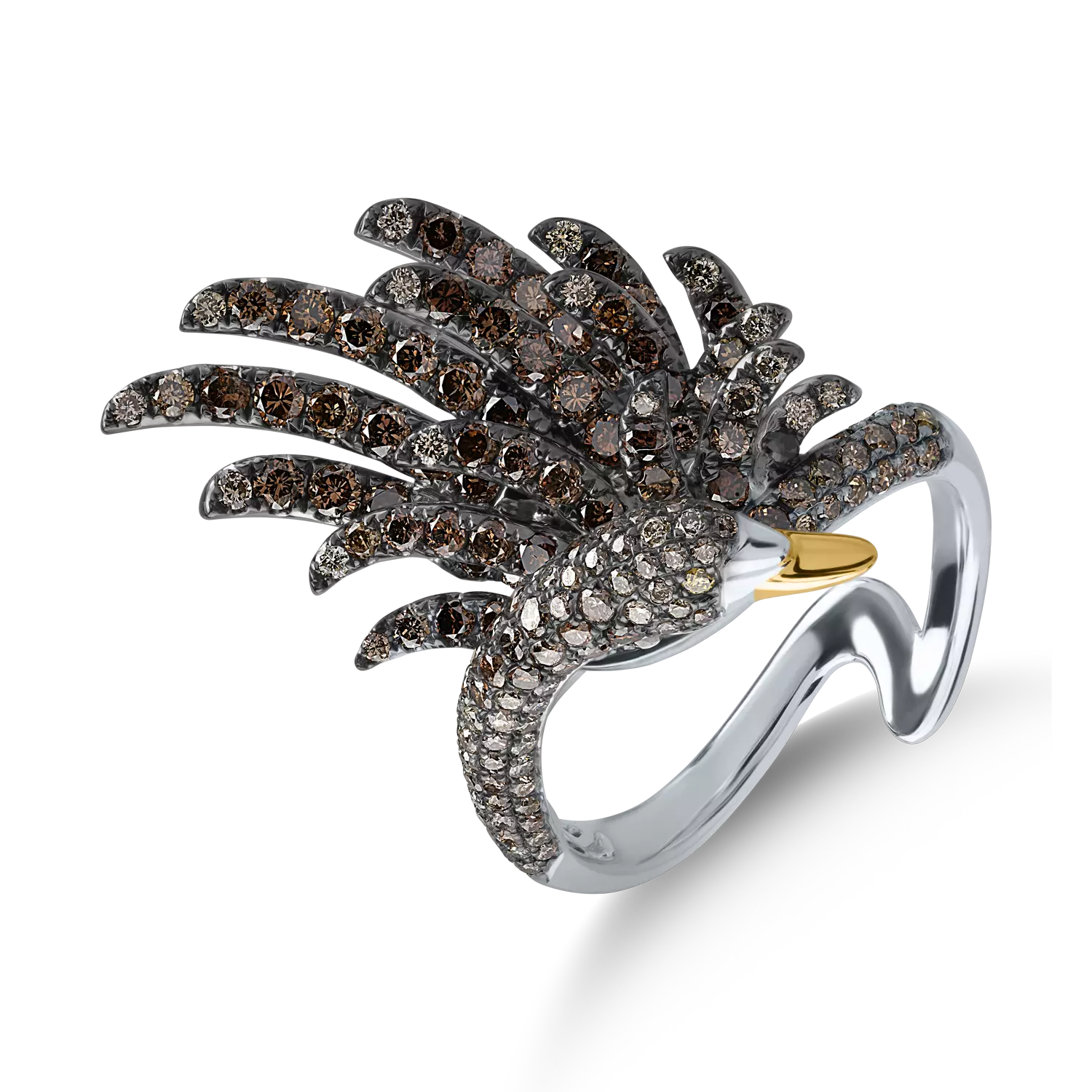White gold swan ring with 1.83ct brown diamonds and 0.01ct yellow diamonds