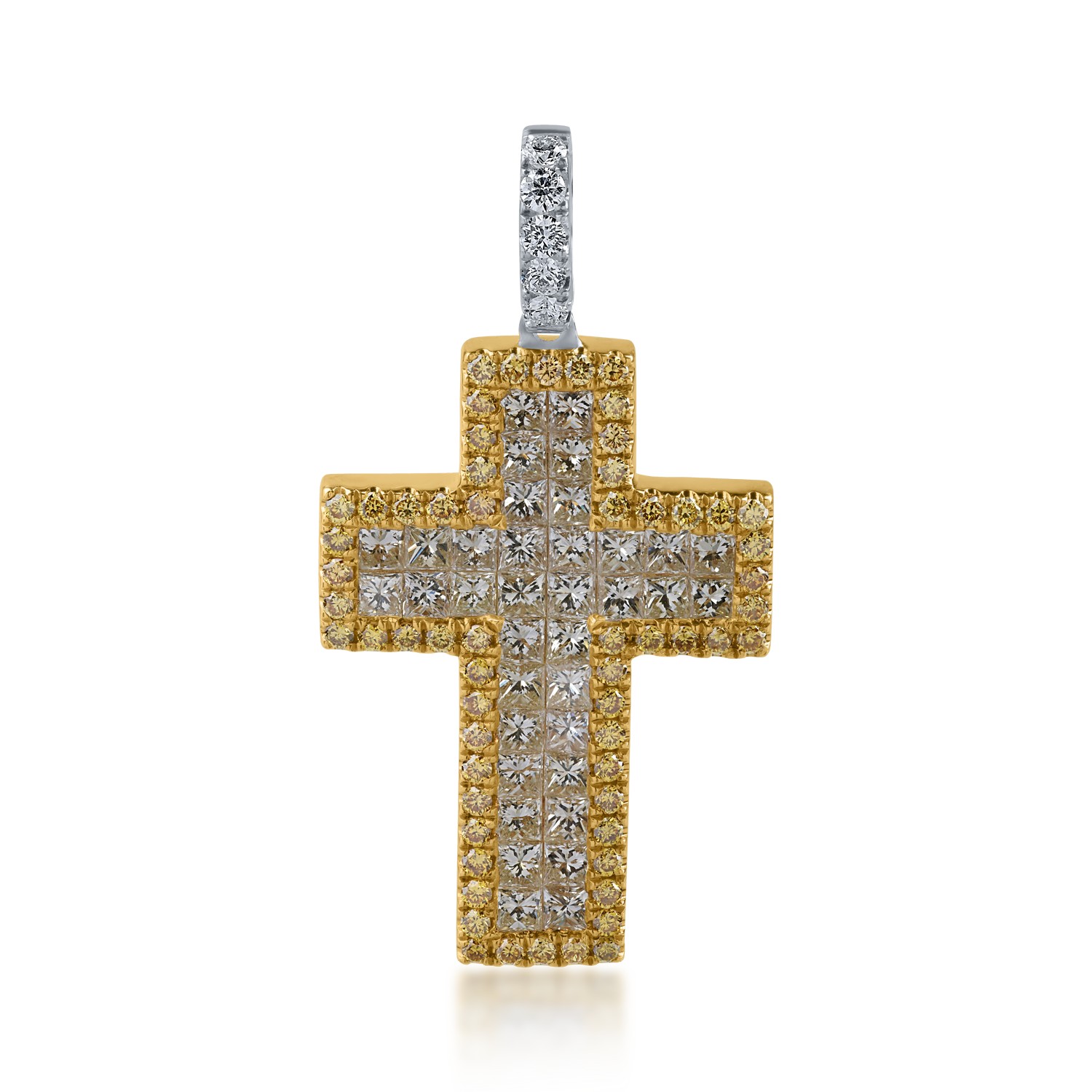 Pandantiv cruce din aur alb-galben cu diamante galbene de 1.69ct si diamante incolore de 0.1ct
