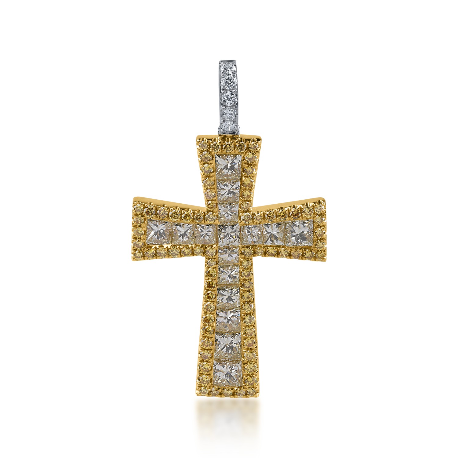 Pandantiv cruce din aur alb-galben cu diamante galbene de 2.5ct si diamante incolore de 0.08ct