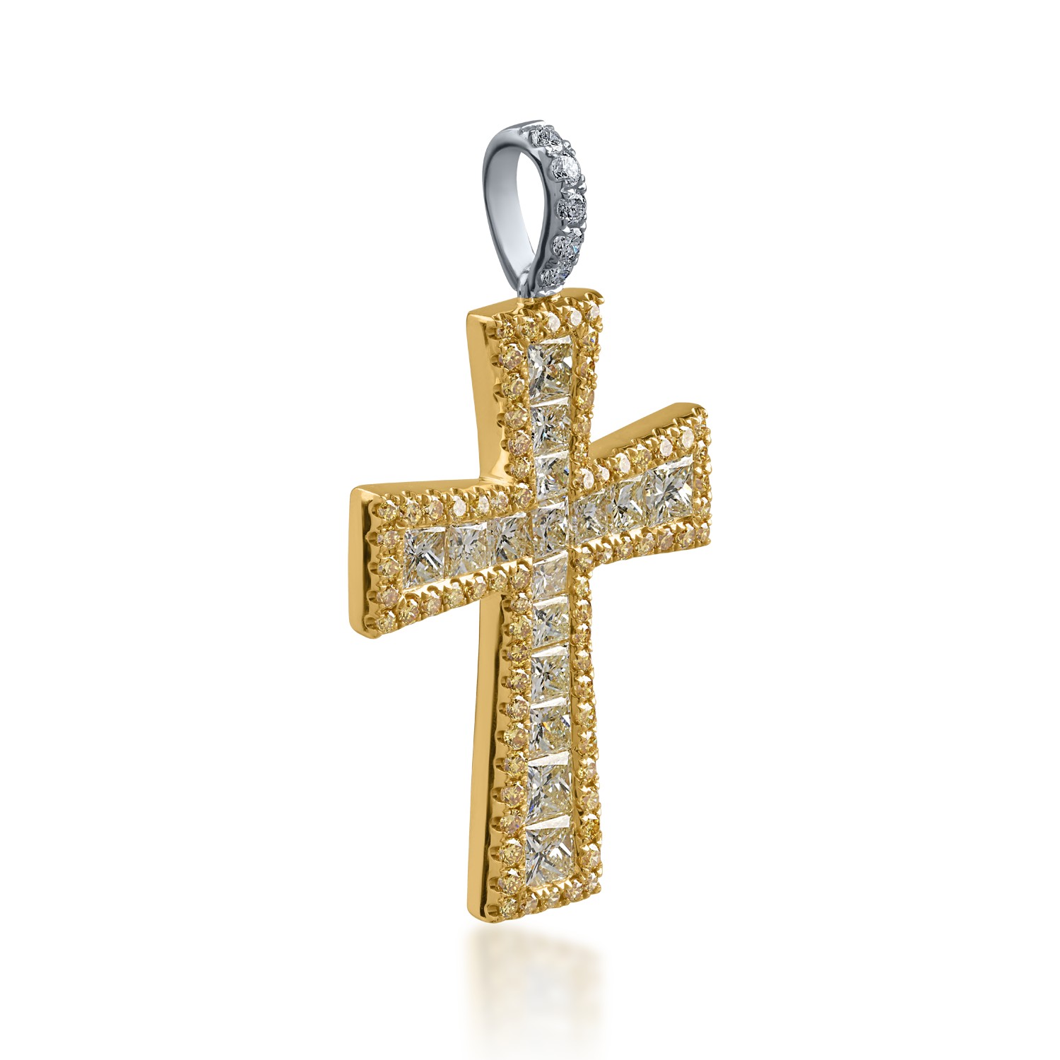 Pandantiv cruce din aur alb-galben cu diamante galbene de 2.5ct si diamante incolore de 0.08ct