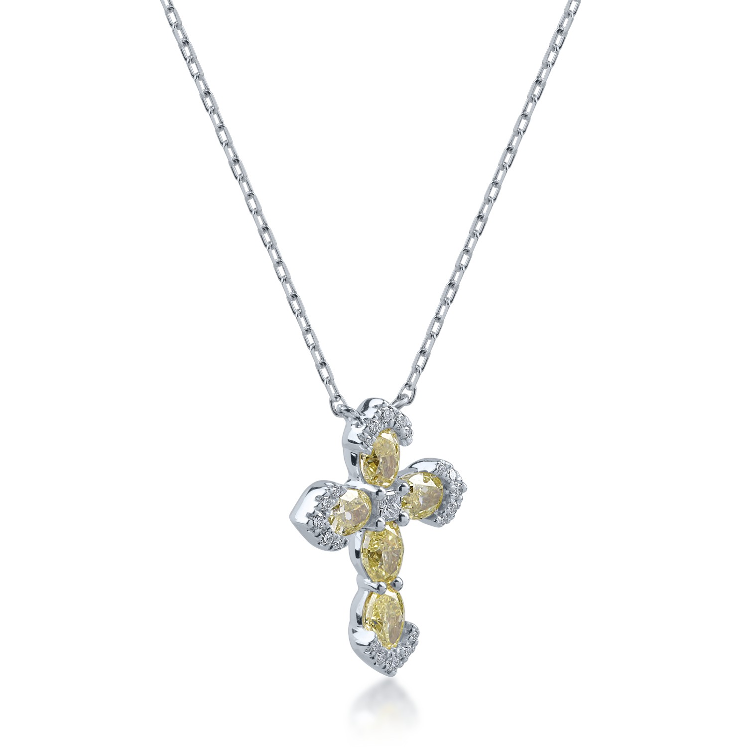 Fehérarany keresztes medál nyaklánc 1.25ct sárga gyémántokkal és 0.13ct tiszta gyémántokkal