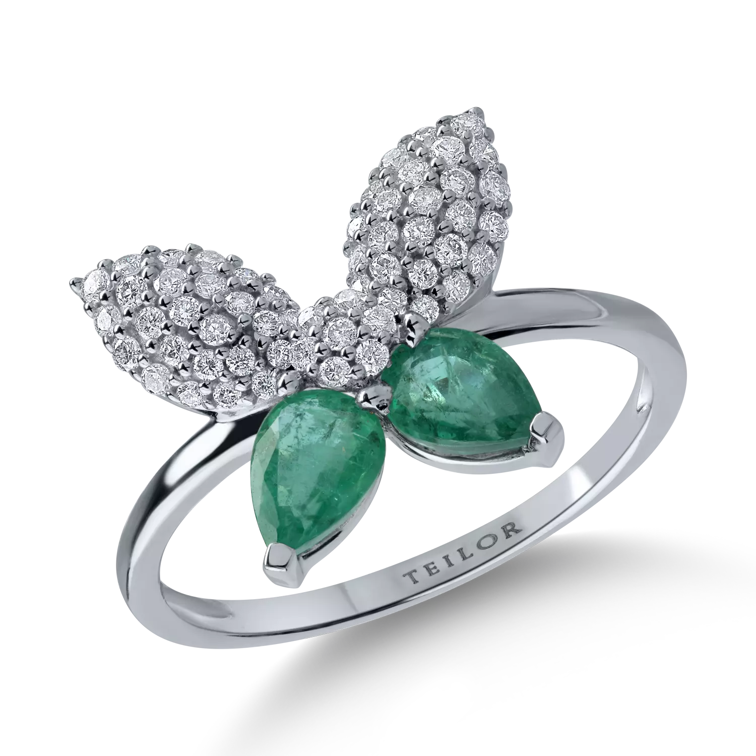 White gold butterfly ring with 0.71ct emeralds and 0.28ct diamonds