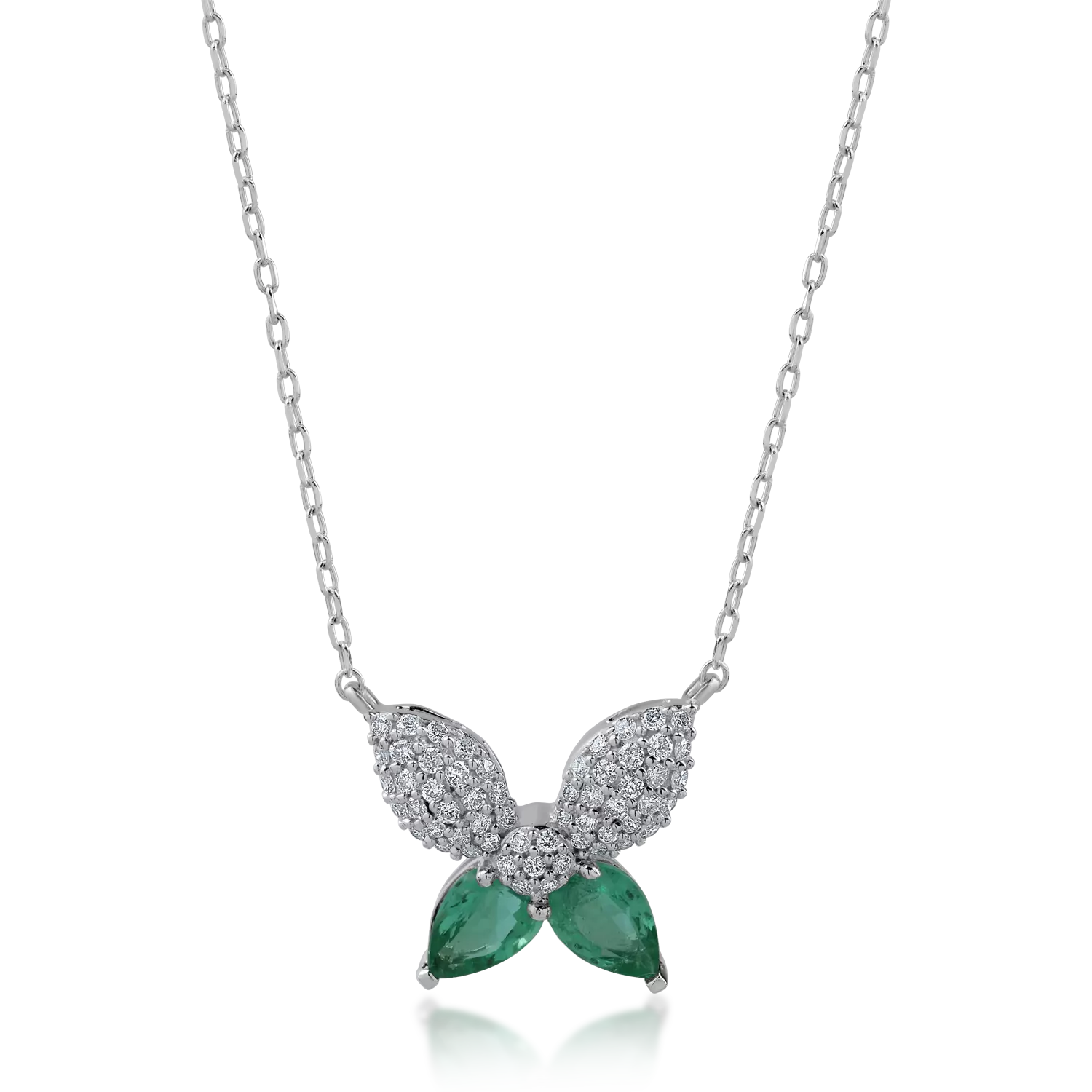 White gold butterfly pendant necklace with 0.76ct emeralds and 0.29ct diamonds