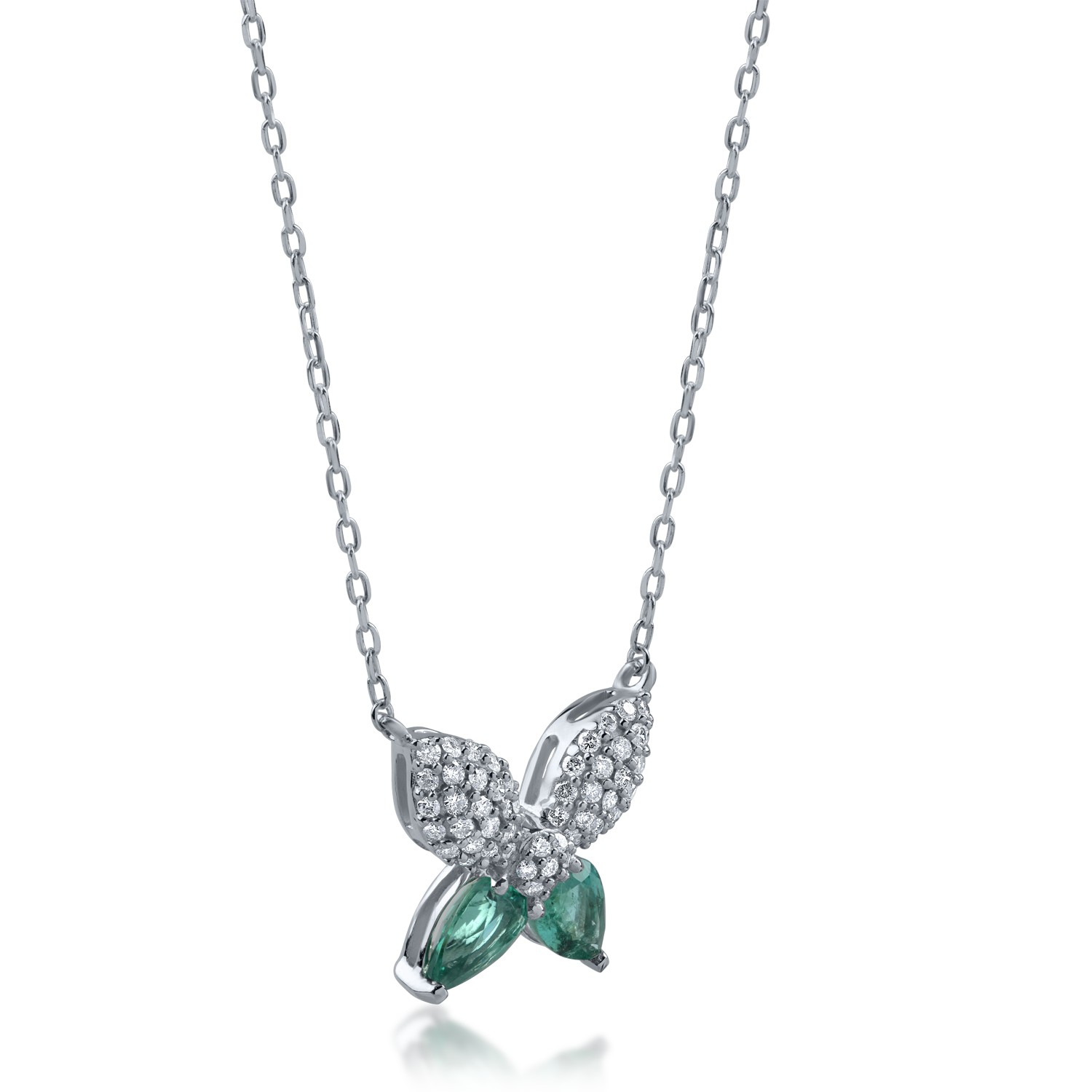 Fehérarany pillangós függő nyaklánc 0.76ct smaragddal és 0.29ct gyémánttal
