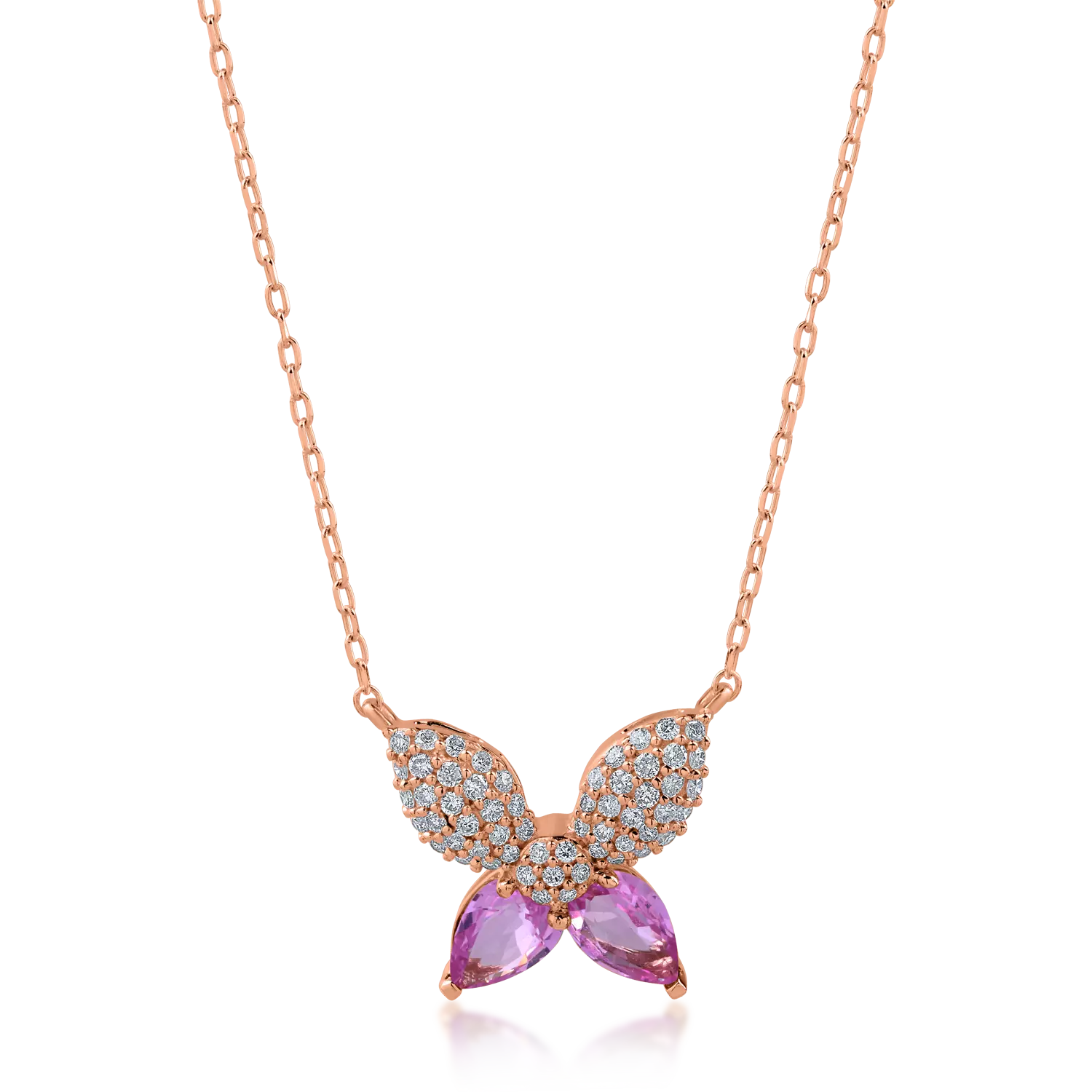 Naszyjnik w kształcie motyla z różowego złota z jasnoróżowymi szafirami o masie 0.82ct i diamentami o masie 0.27ct