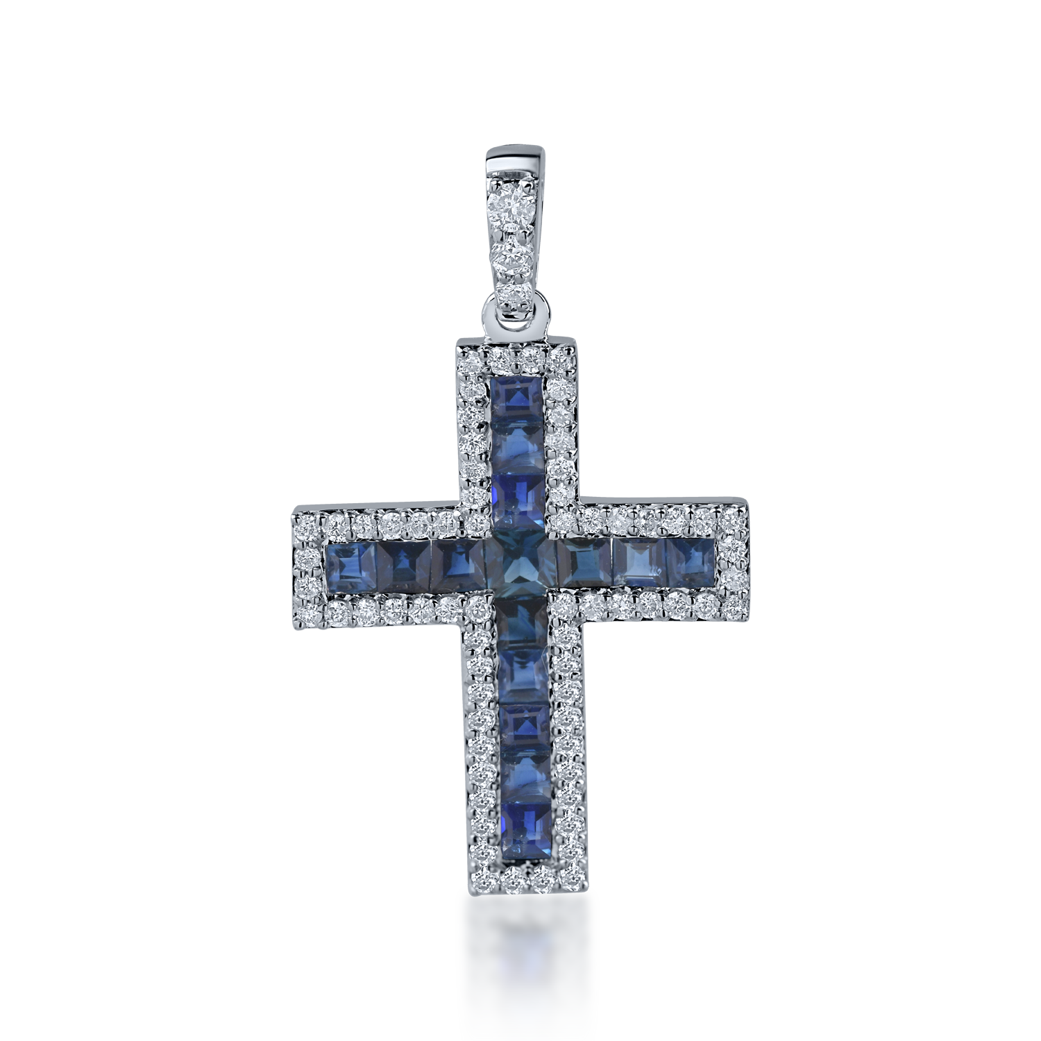 Zawieszka w kształcie krzyża z białego złota z szafirami o masie 0.7ct i diamentami o masie 0.19ct