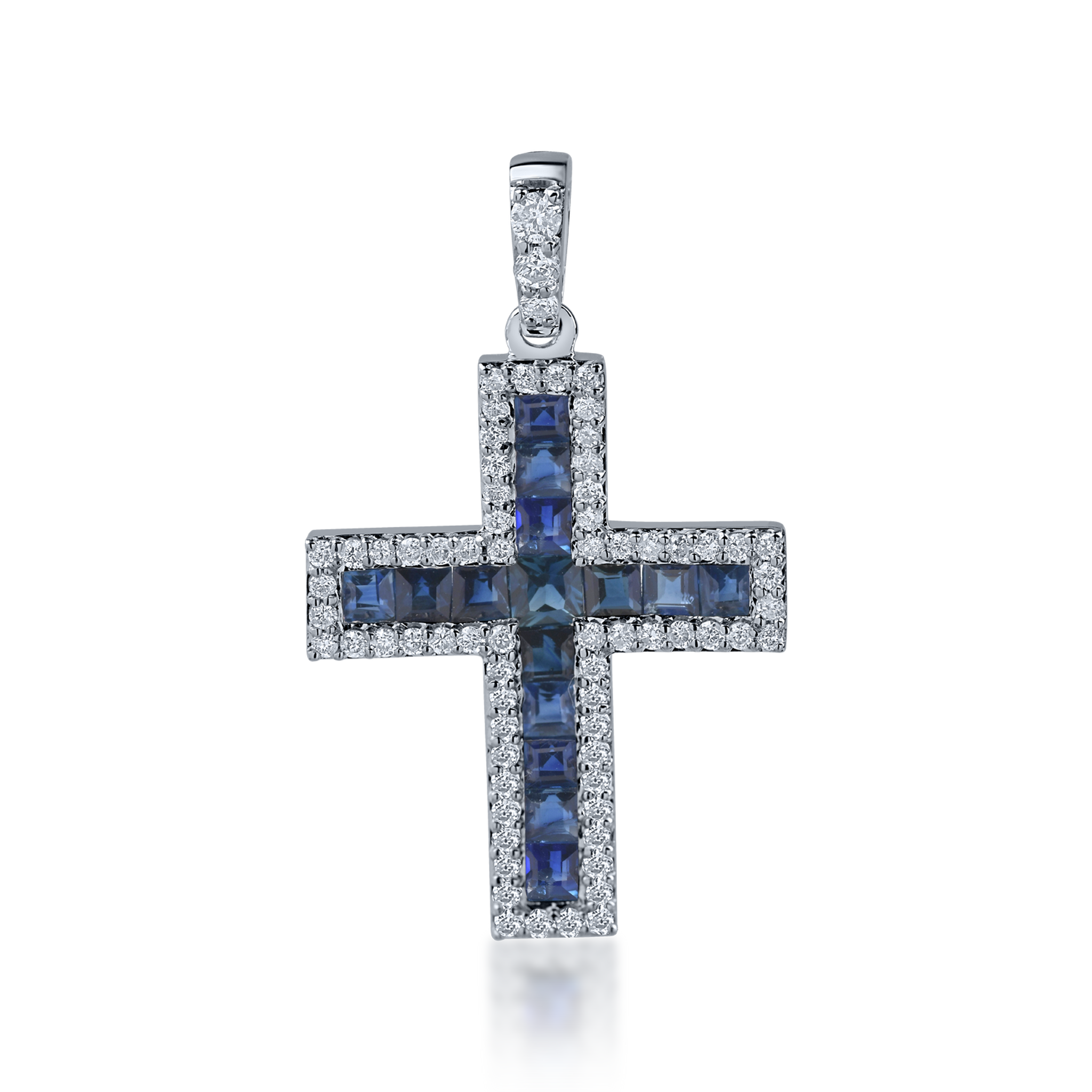 Zawieszka w kształcie krzyża z białego złota z szafirami o masie 0.7ct i diamentami o masie 0.19ct