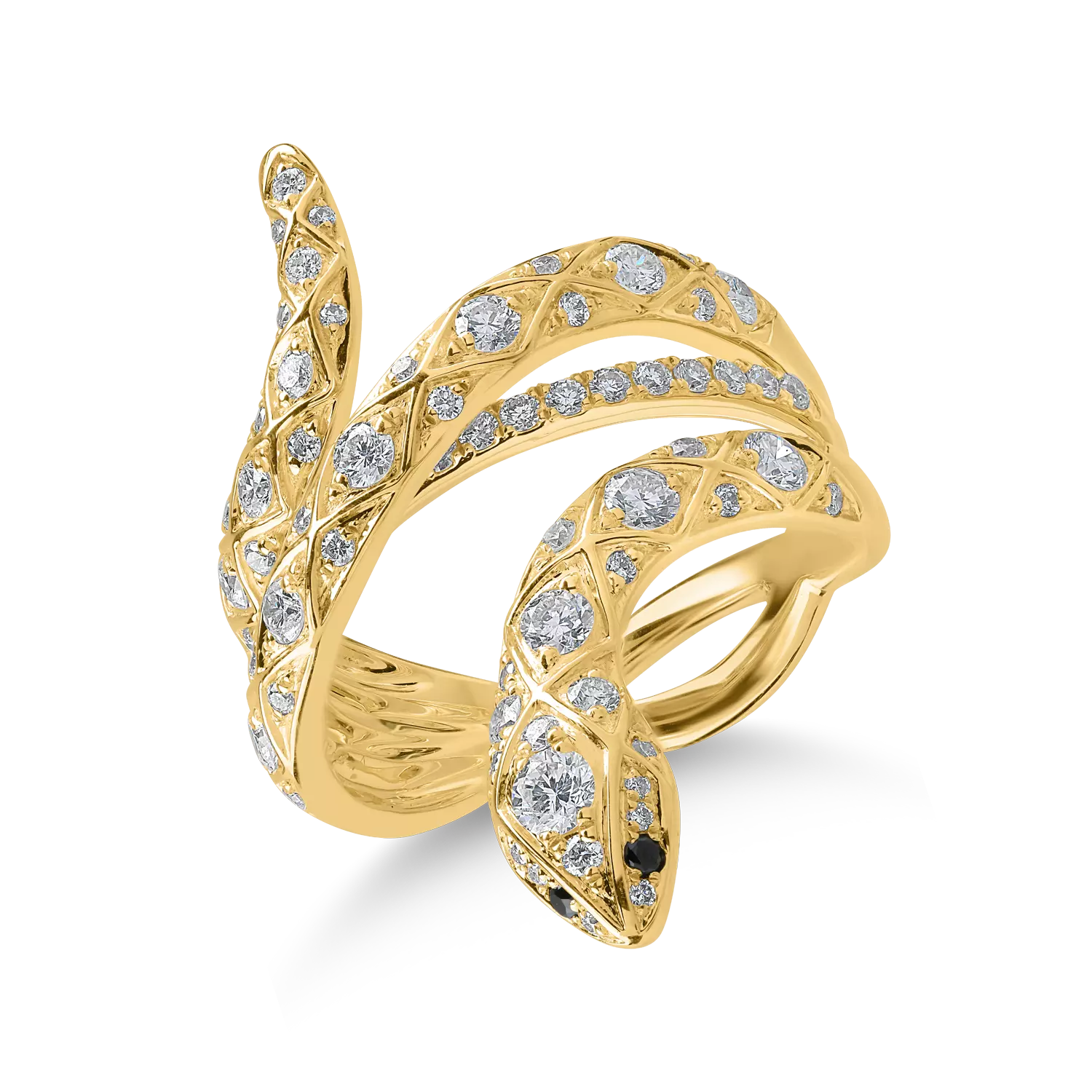 Sárga arany kígyógyűrű átlátszó és fekete gyémántokkal 1.06ct