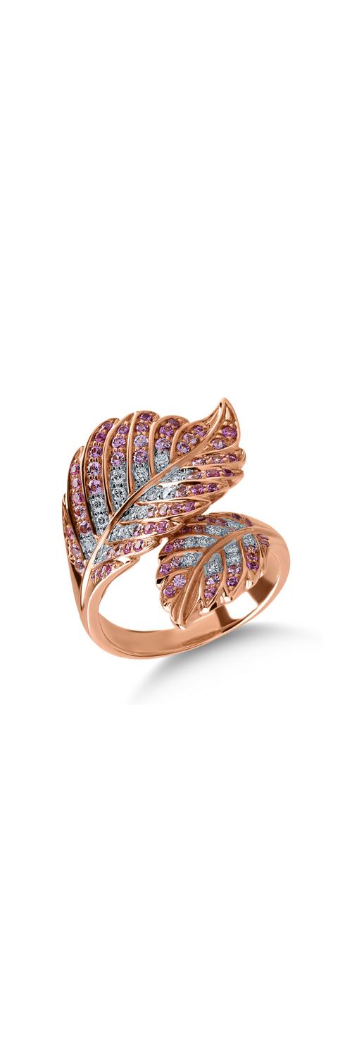 Pierścionek w kształcie liścia z różowego złota z diamentami o masie 0.22ct i różowymi szafirami o masie 0.67ct
