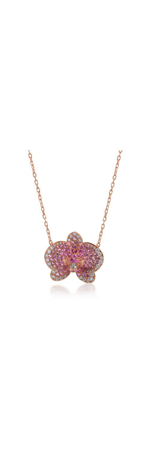 Rose gold flower pendant necklace with 1.31ct pink sapphires and 0.38ct diamonds