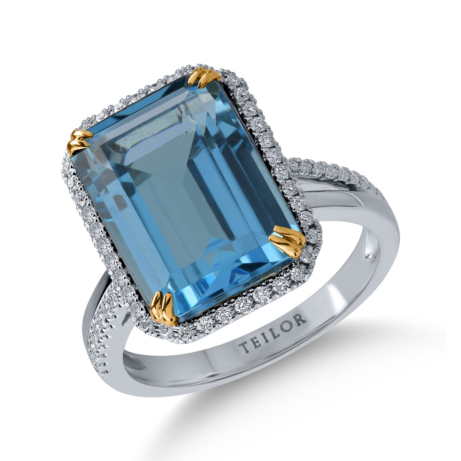 Inel din aur alb-galben cu topaz albastru de 9.3ct si diamante de 0.26ct