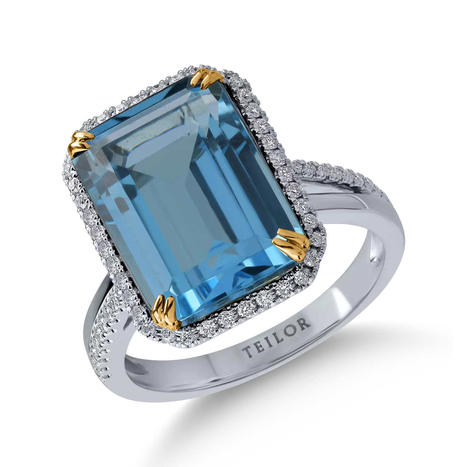 Fehér-sárga arany gyűrű 9.3ct kék topázzal és 0.26ct gyémántokkal