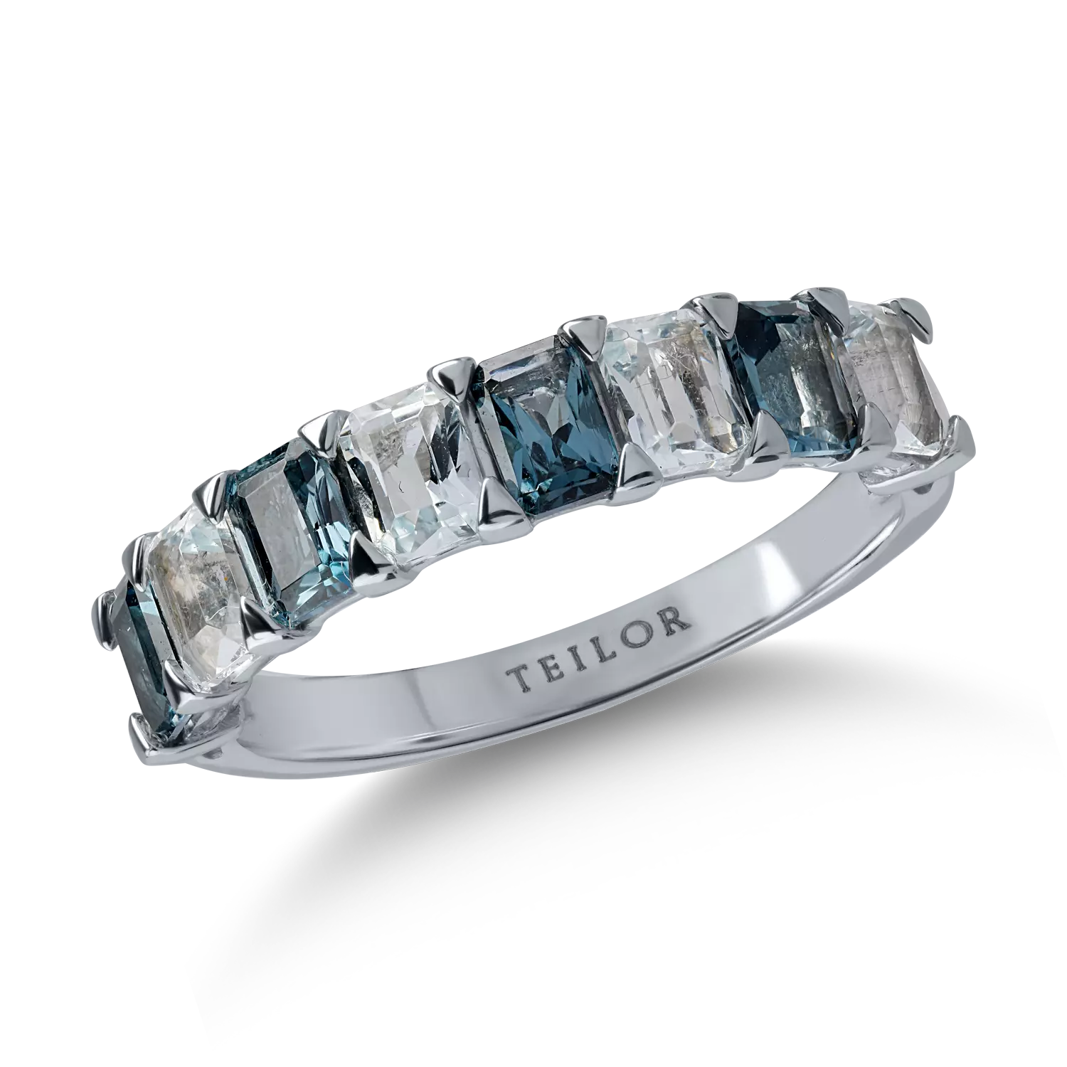 Half eternity ring in white gold with 1ct london blue topaz and 1ct aquamarine