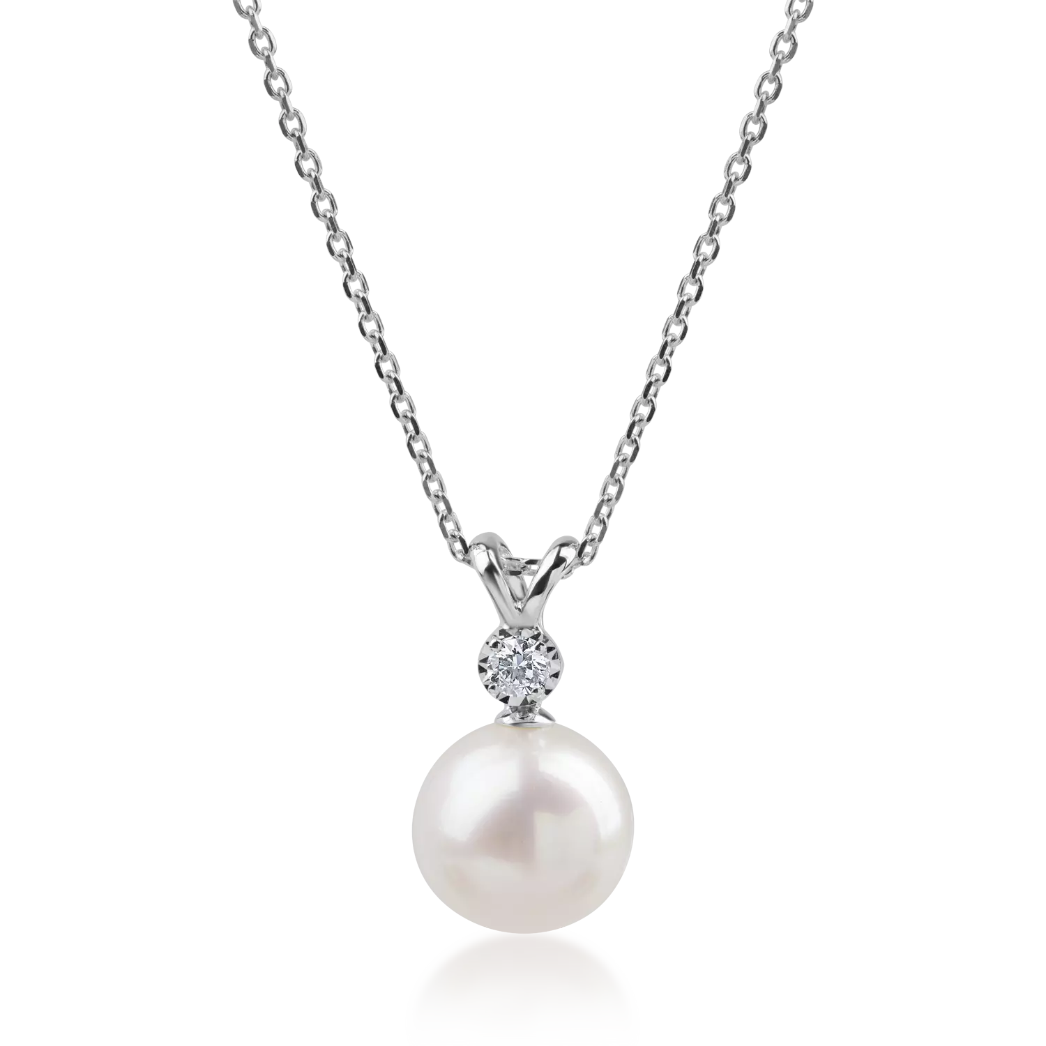 White gold pendant chain with a freshwater cultured pearl and a 0.09ct diamond