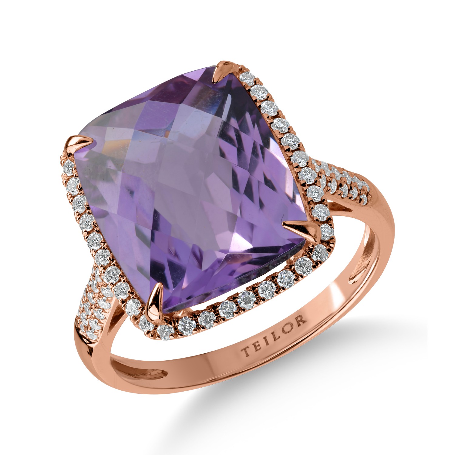 Inel din aur roz cu ametist roz de 7.5ct si diamante de 0.36ct