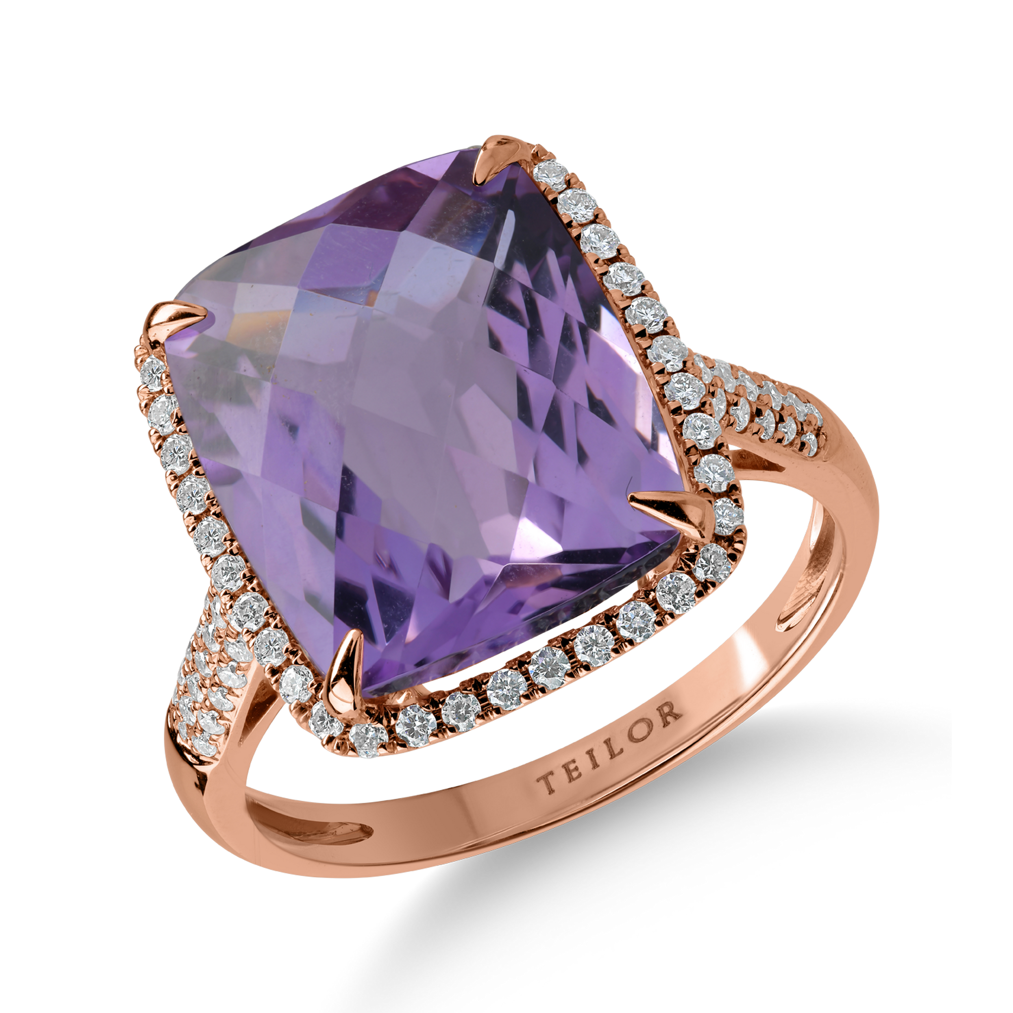 Róza arany gyűrű 7.5ct rózsaszín ametiszttel és 0.36ct gyémántokkal