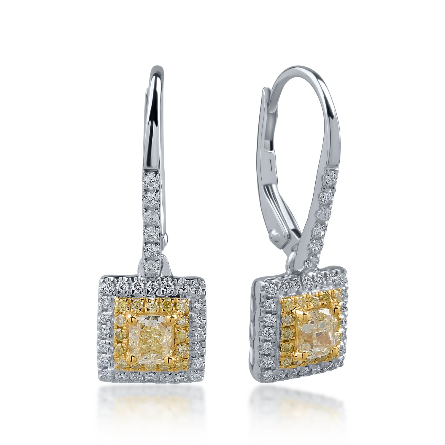 Cercei din aur alb-galben cu diamante galbene de 0.11ct si diamante transparente de 0.27ct