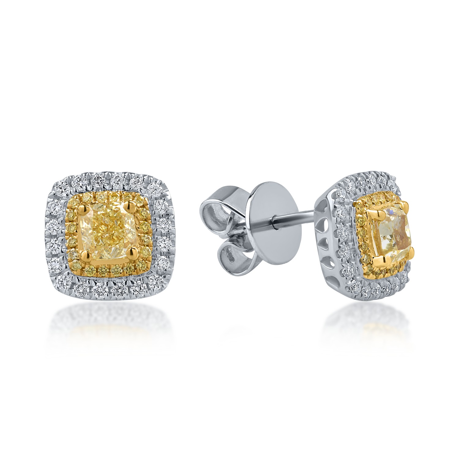 Cercei din aur alb-galben cu diamante galbene de 1.1ct si diamante transparente de 0.26ct