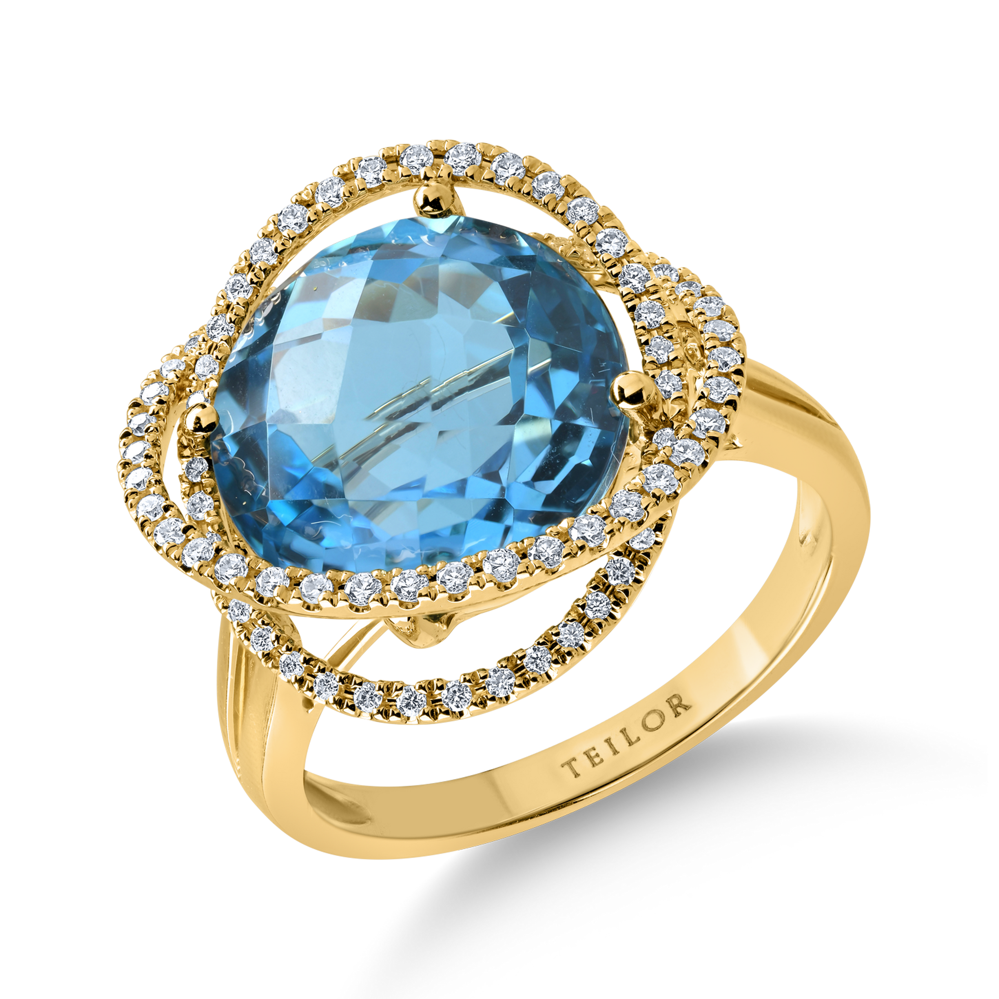 Sárga arany gyűrű 9.5ct kék topázzal és 0.3ct gyémántokkal