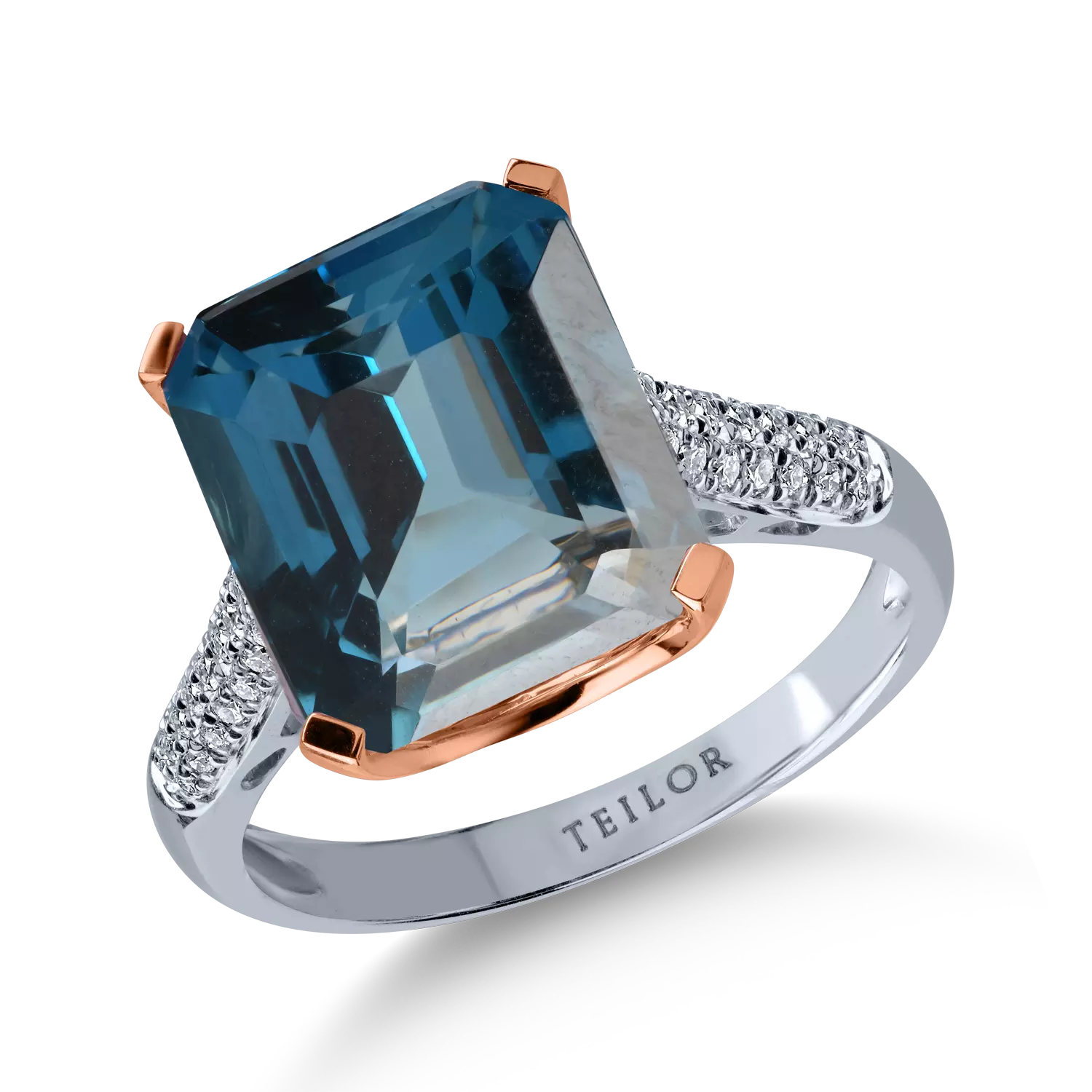 White-rose gold ring with 6.9ct london blue topaz and 0.18ct diamonds