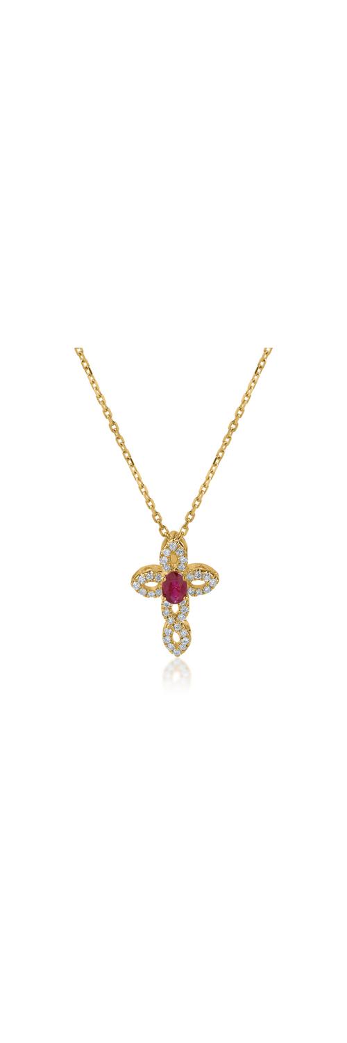 Yellow gold cross pendant necklace with 0.22ct ruby ​​and 0.13ct diamonds