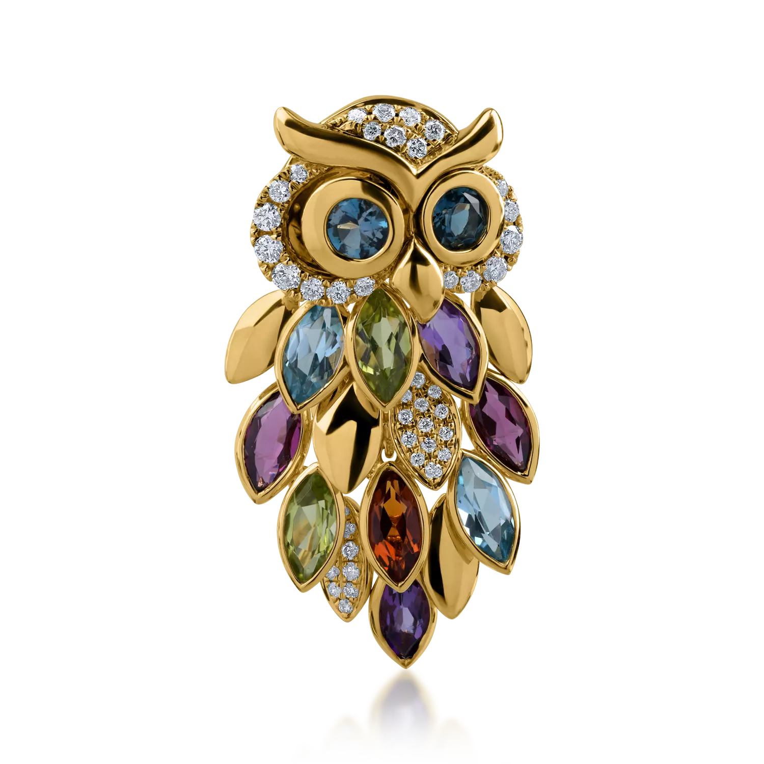 Yellow gold owl brooch with 3.23ct precious and semi-precious stones