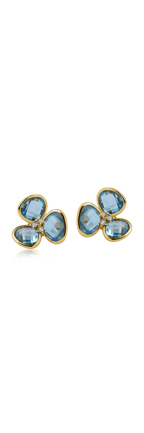 Yellow gold flower earrings with 10.3ct blue topazes and 0.09ct diamonds