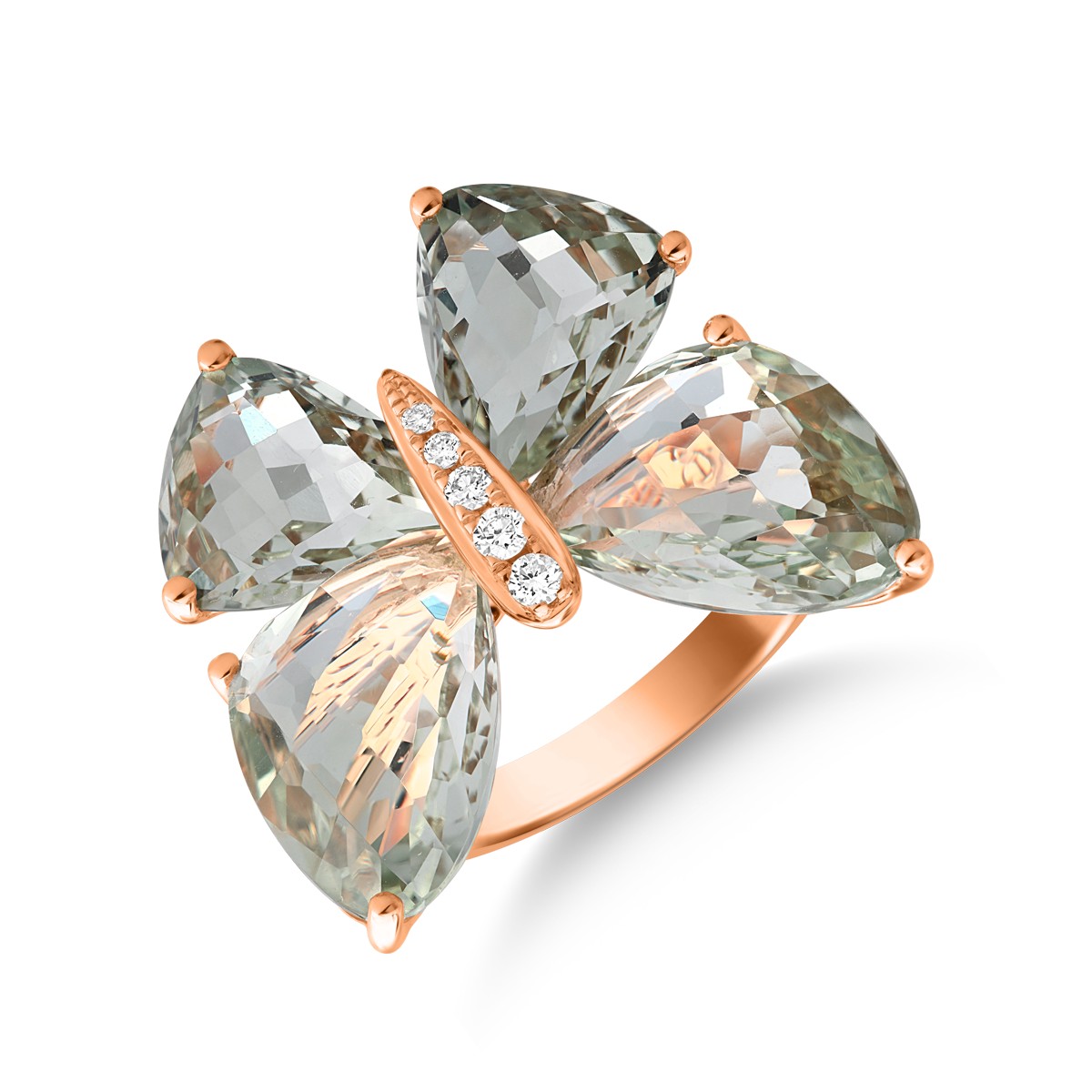 Rózsarany pillangógyűrű 12ct zöld ametiszttel és 0.08ct gyémántokkal