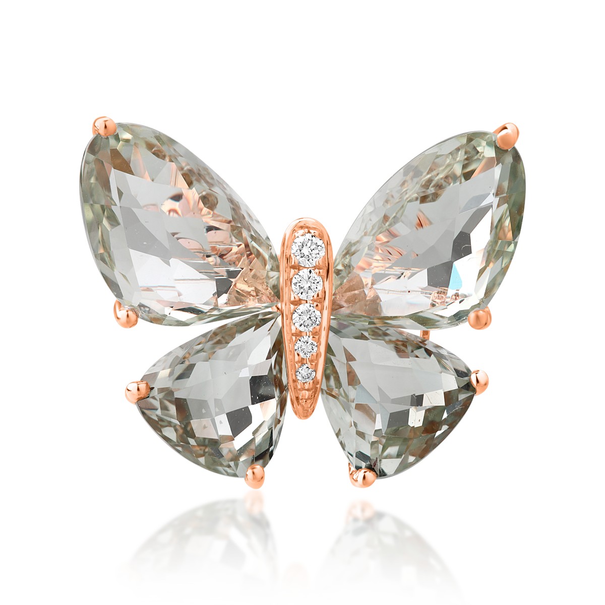 Брошка пеперуда от розово злато с 11.6кт зелени аметисти и 0.07кт диаманти
