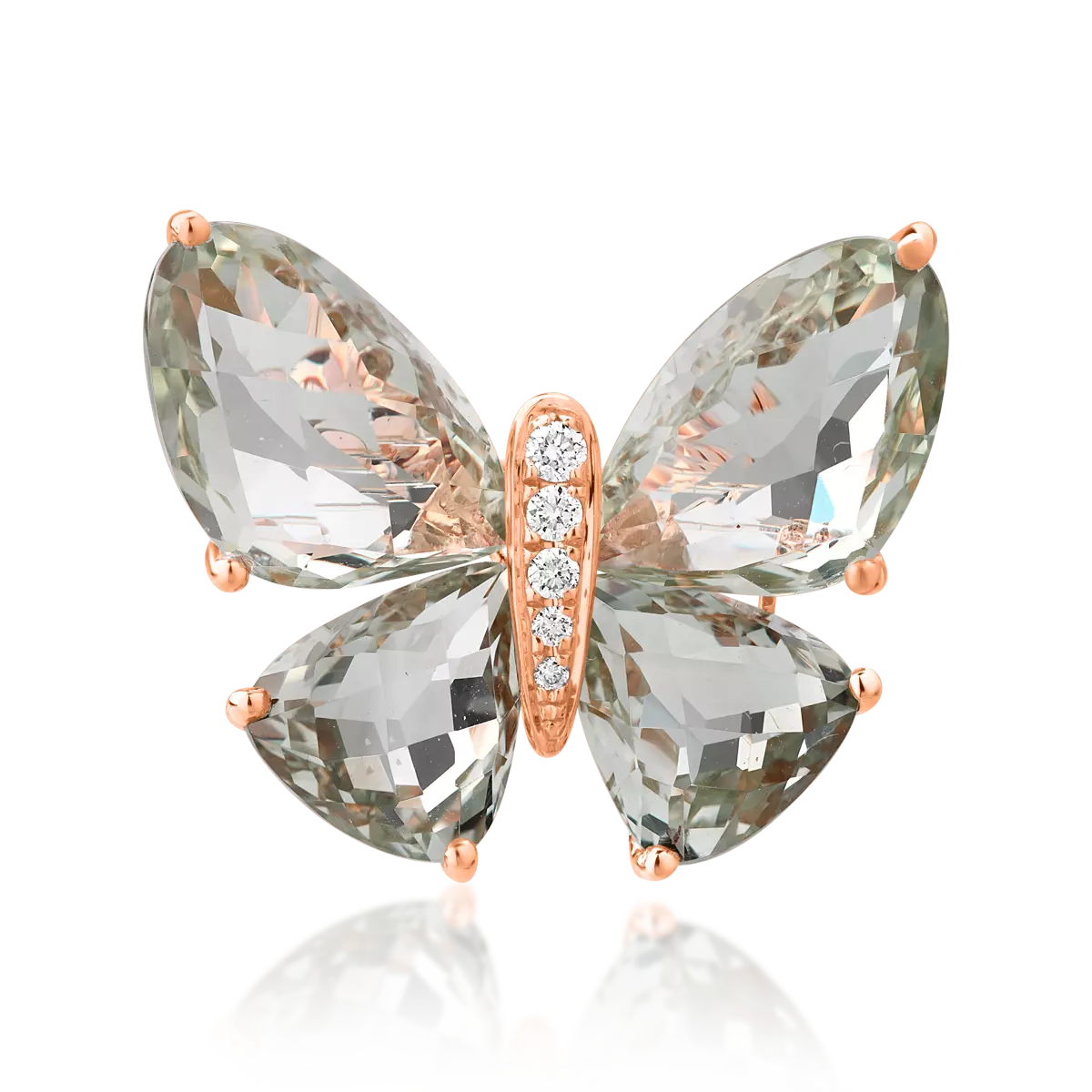 Rózsarany pillangós bross 11.6ct zöld ametiszttel és 0.07ct gyémántokkal